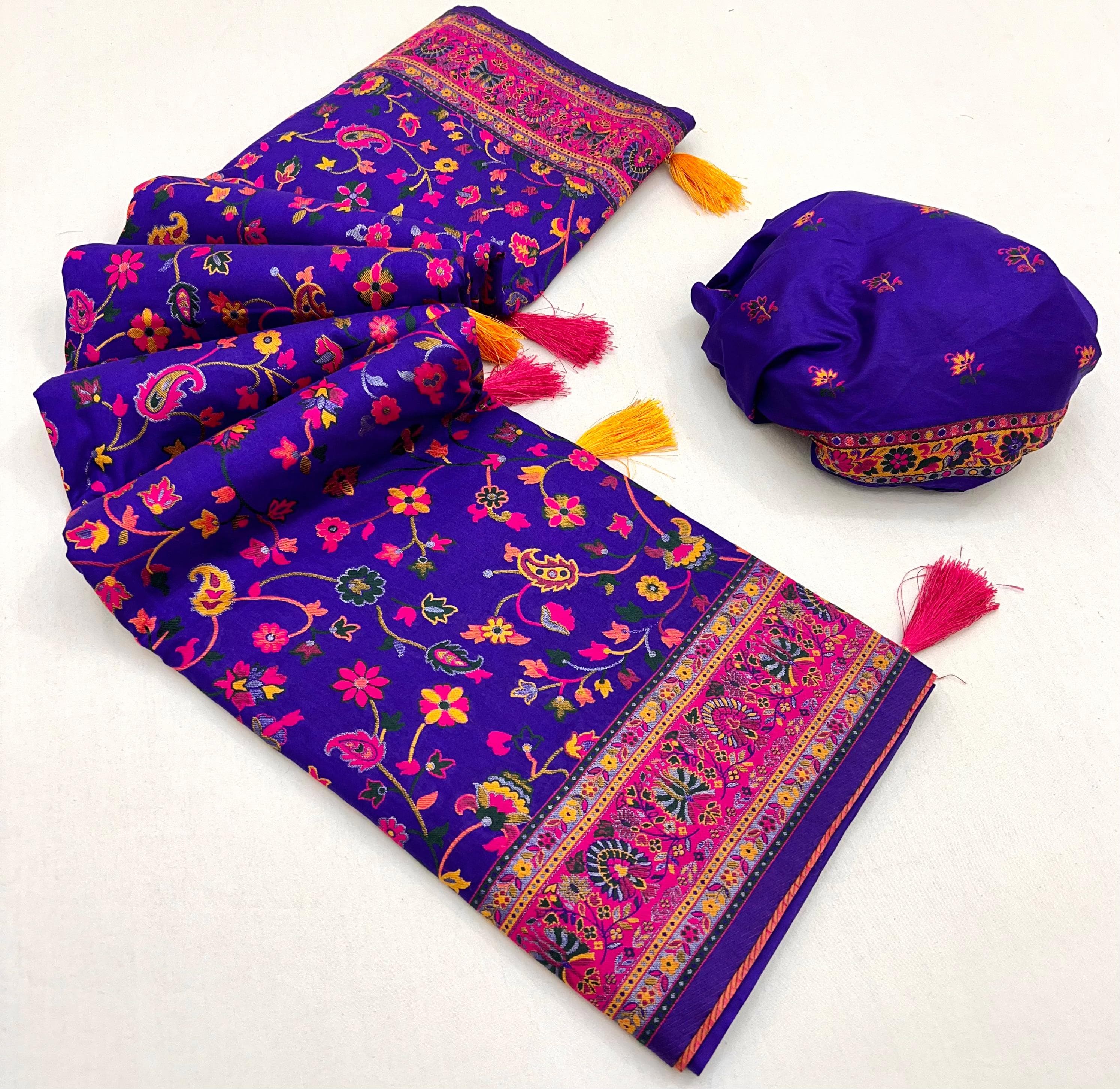 Blue Gem Pashmina Kashmiri Sarees with meena weaves and kashmiri weaves