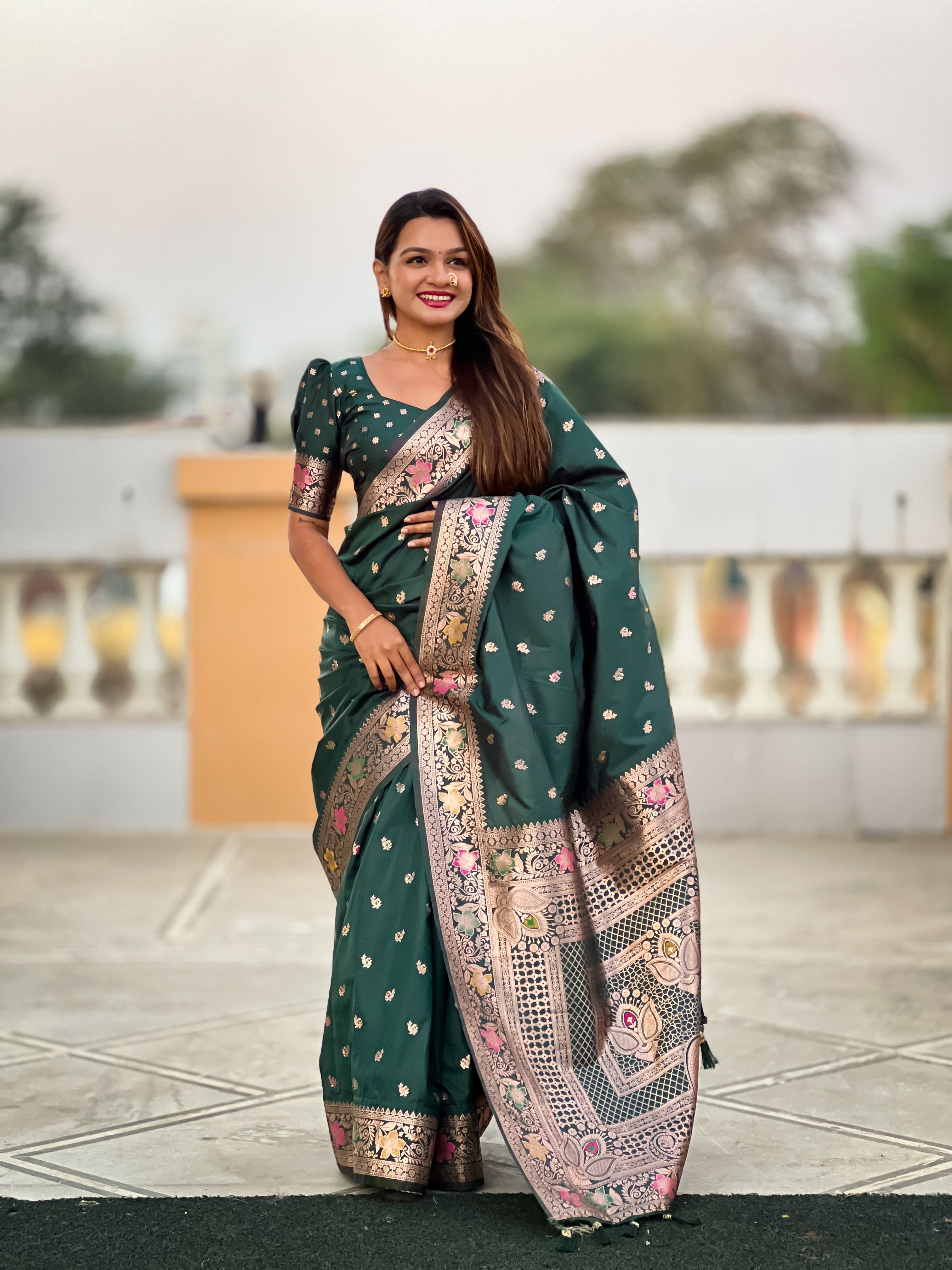 Bottle Green Soft Banarasi Silk Saree With Zari Weaving Meenakari