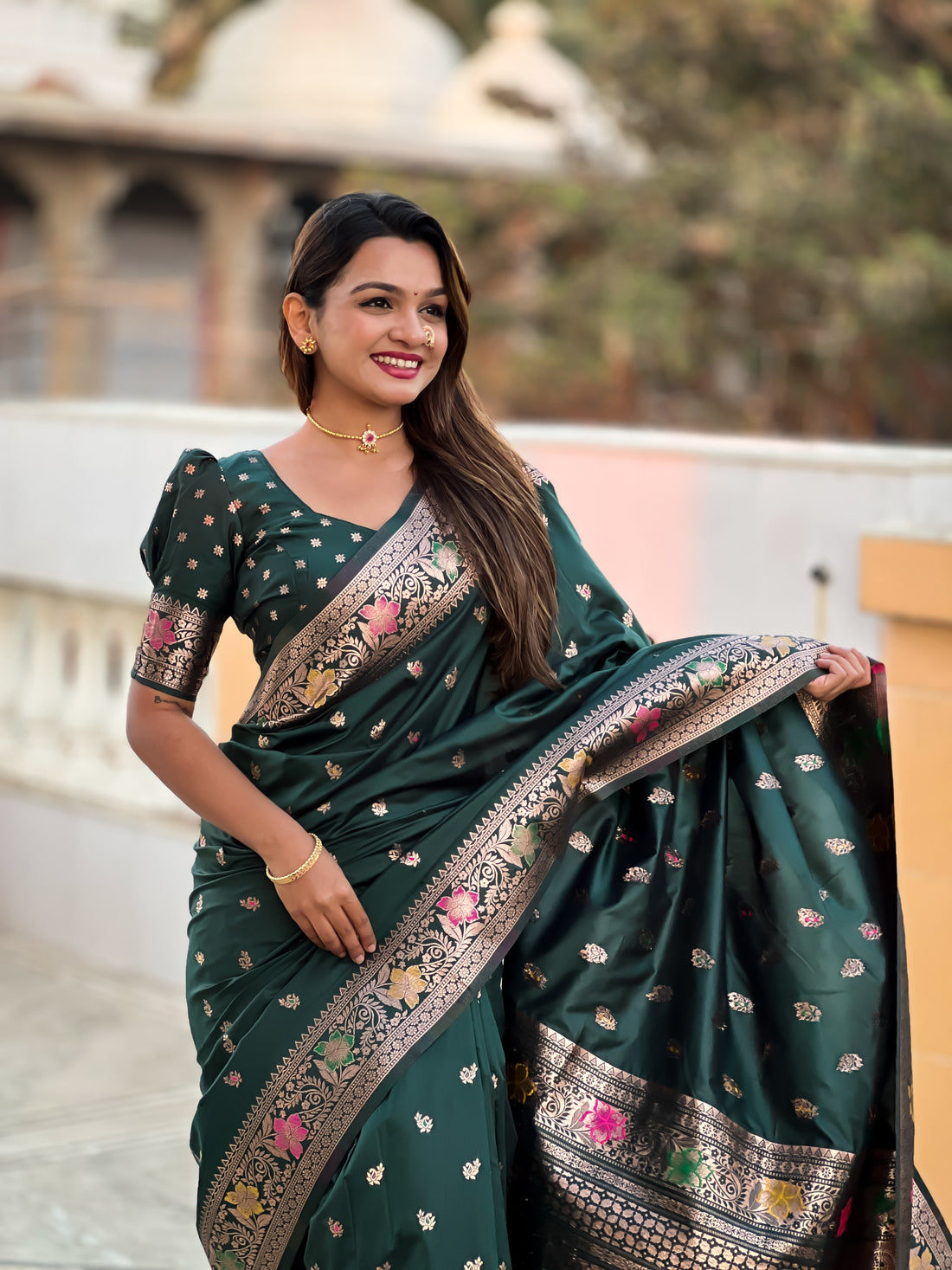 Bottle Green Soft Banarasi Silk Saree With Zari Weaving Meenakari