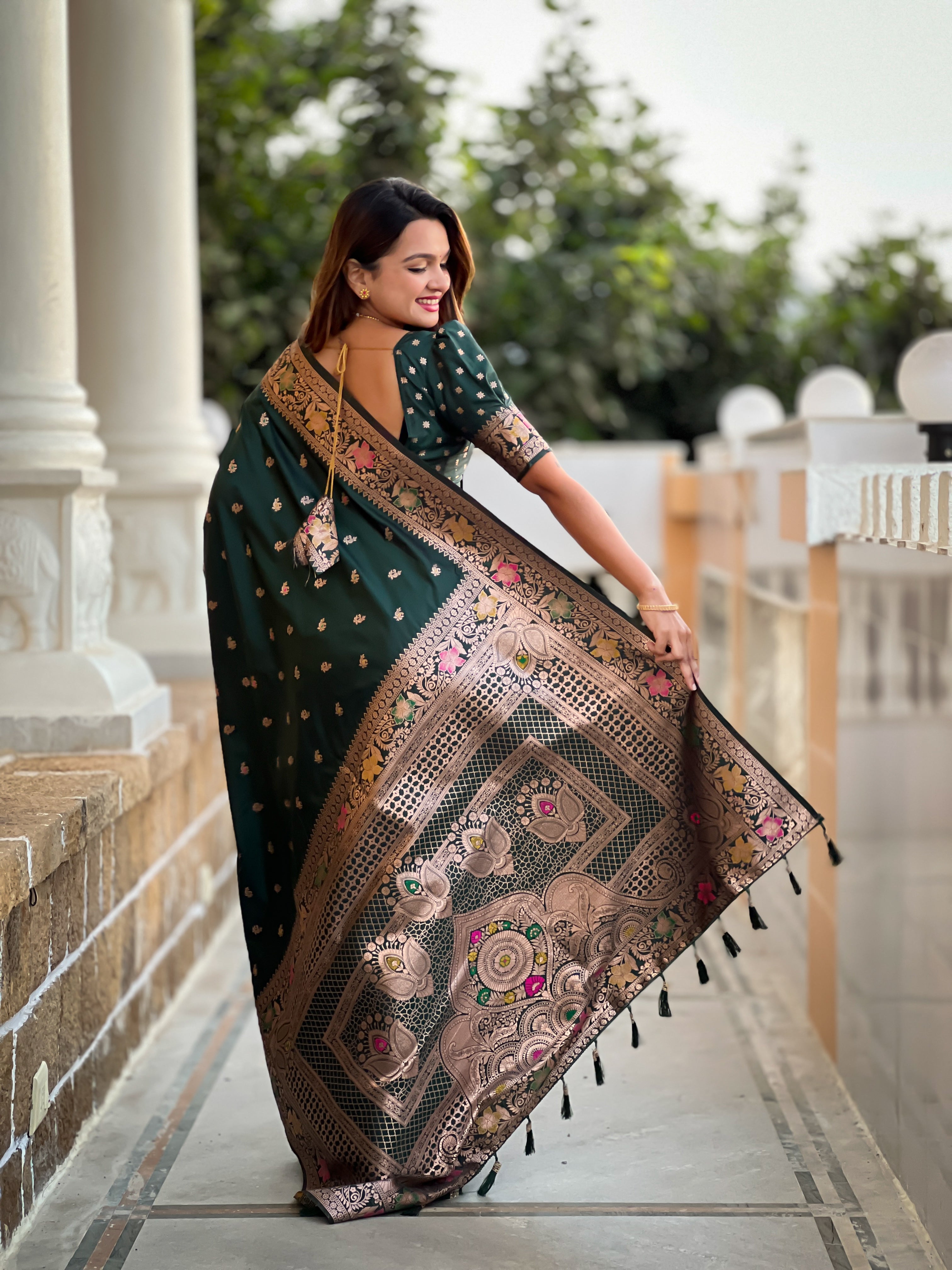 Bottle Green Soft Banarasi Silk Saree With Zari Weaving Meenakari