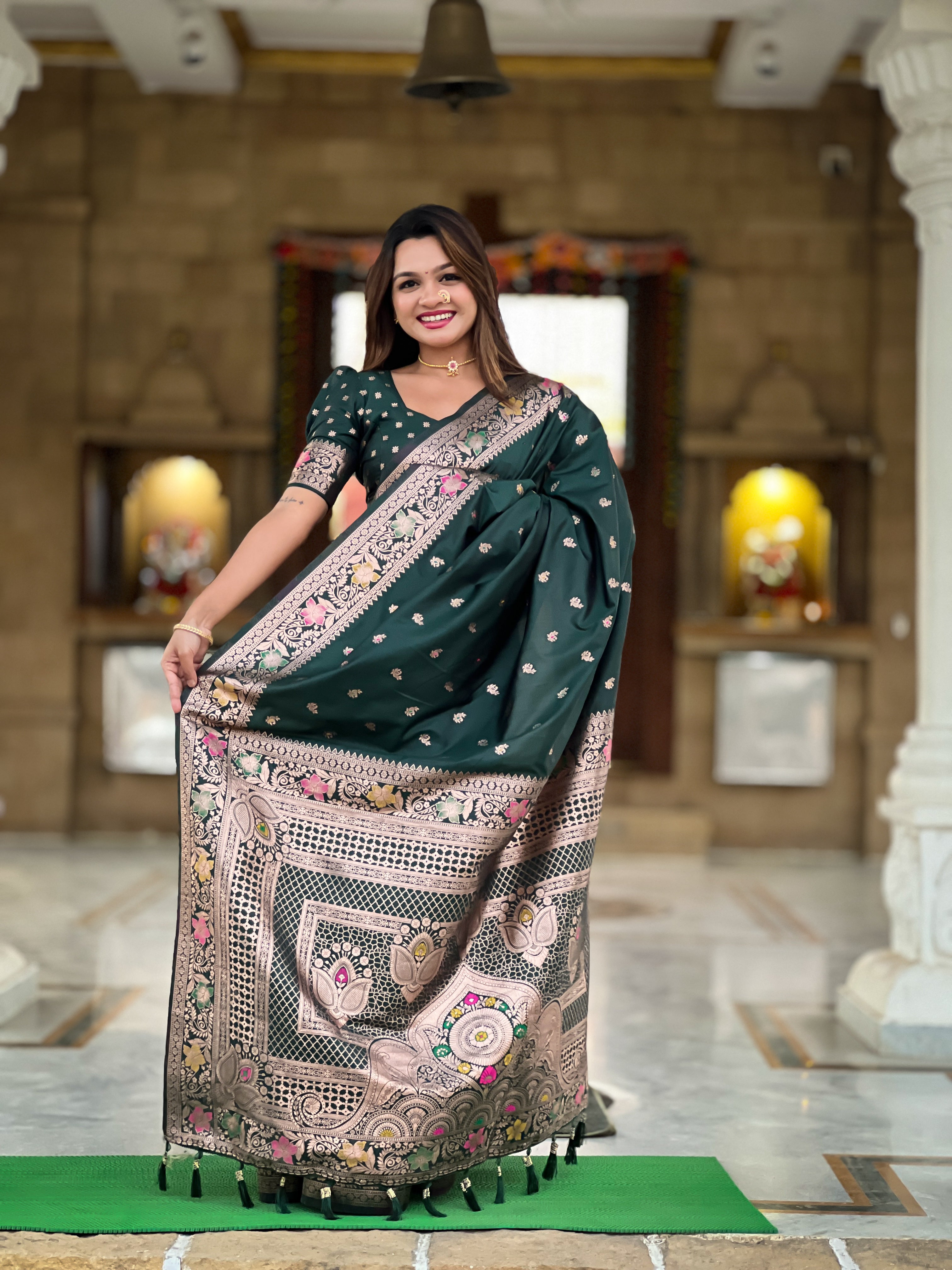 Bottle Green Soft Banarasi Silk Saree With Zari Weaving Meenakari