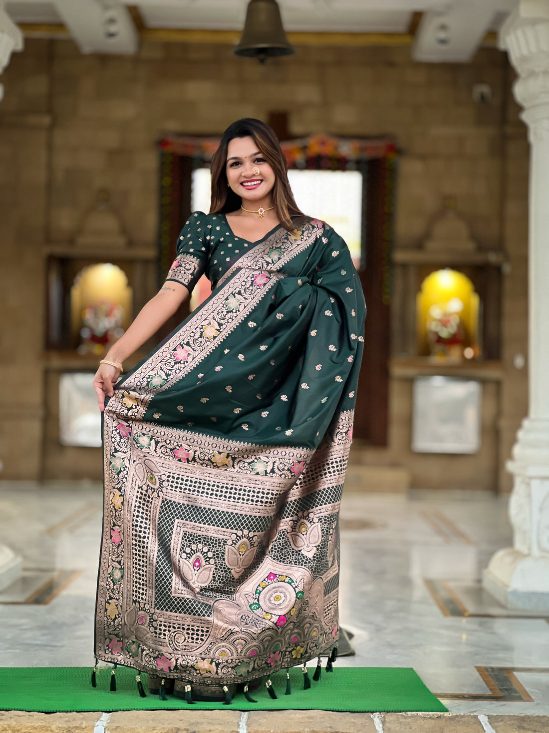 Bottle Green Soft Banarasi Silk Saree With Zari Weaving Meenakari