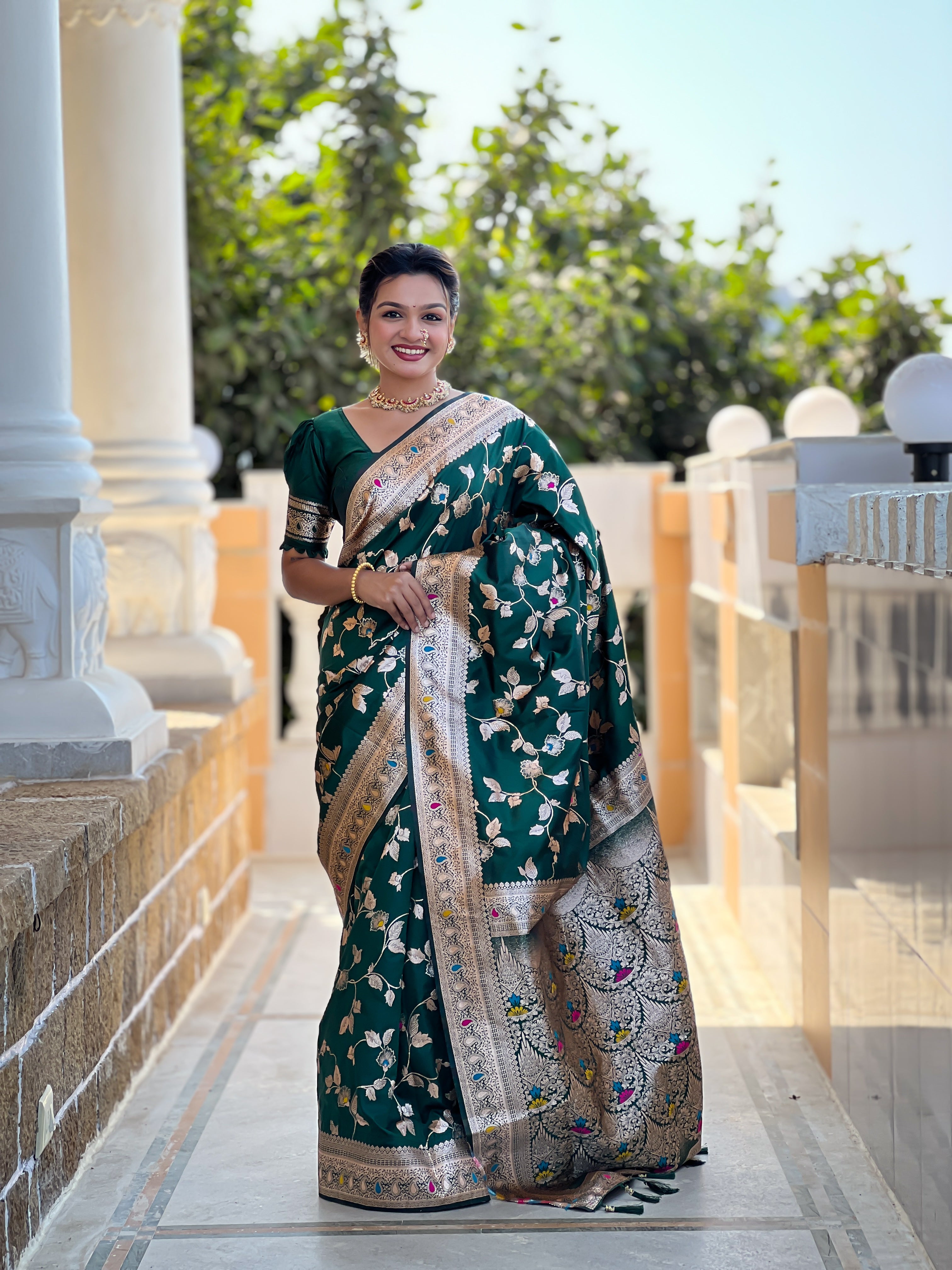 Bottle Green Zari Embroidered Banarasi Silk Saree