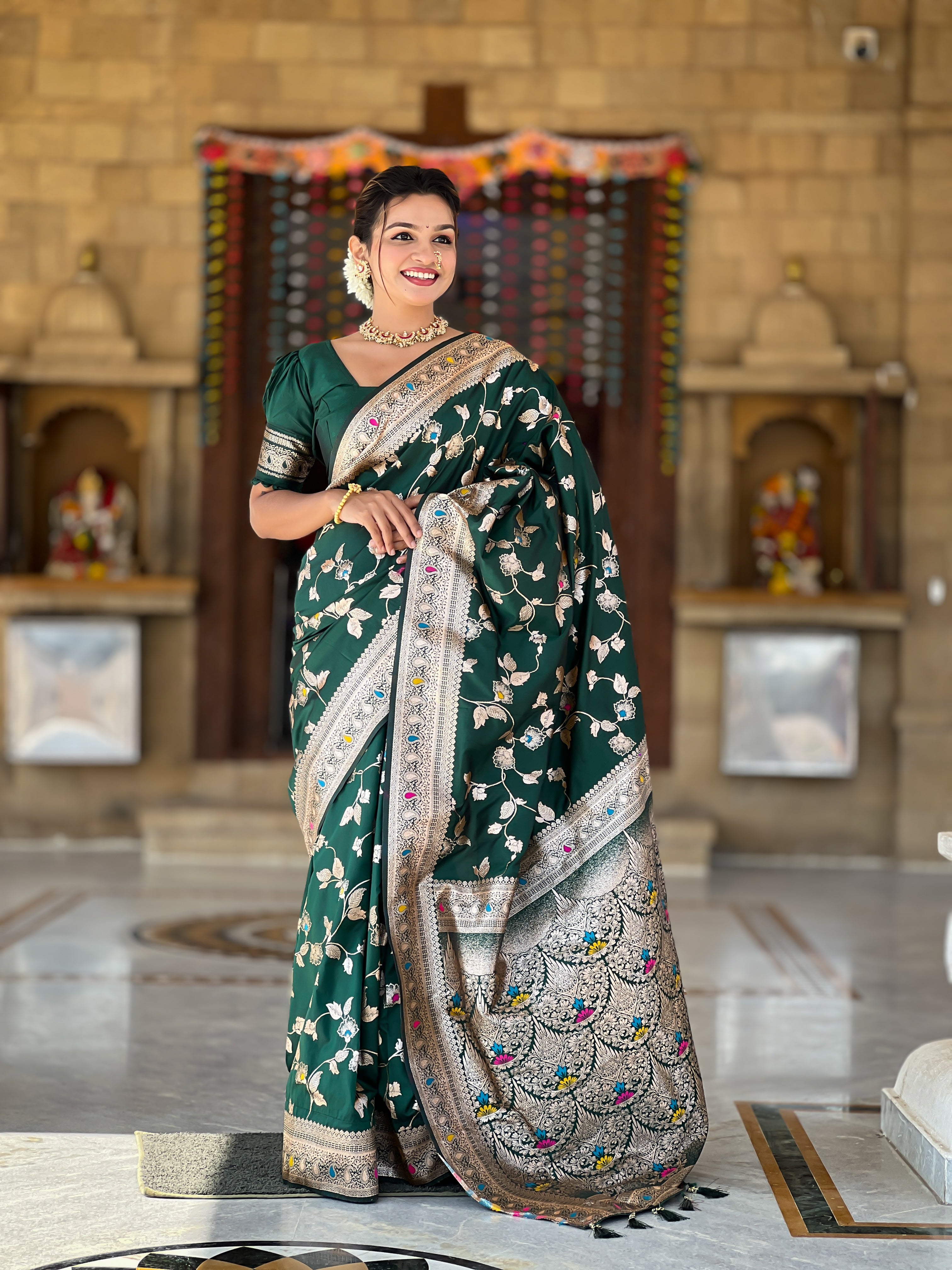 Bottle Green Zari Embroidered Banarasi Silk Saree