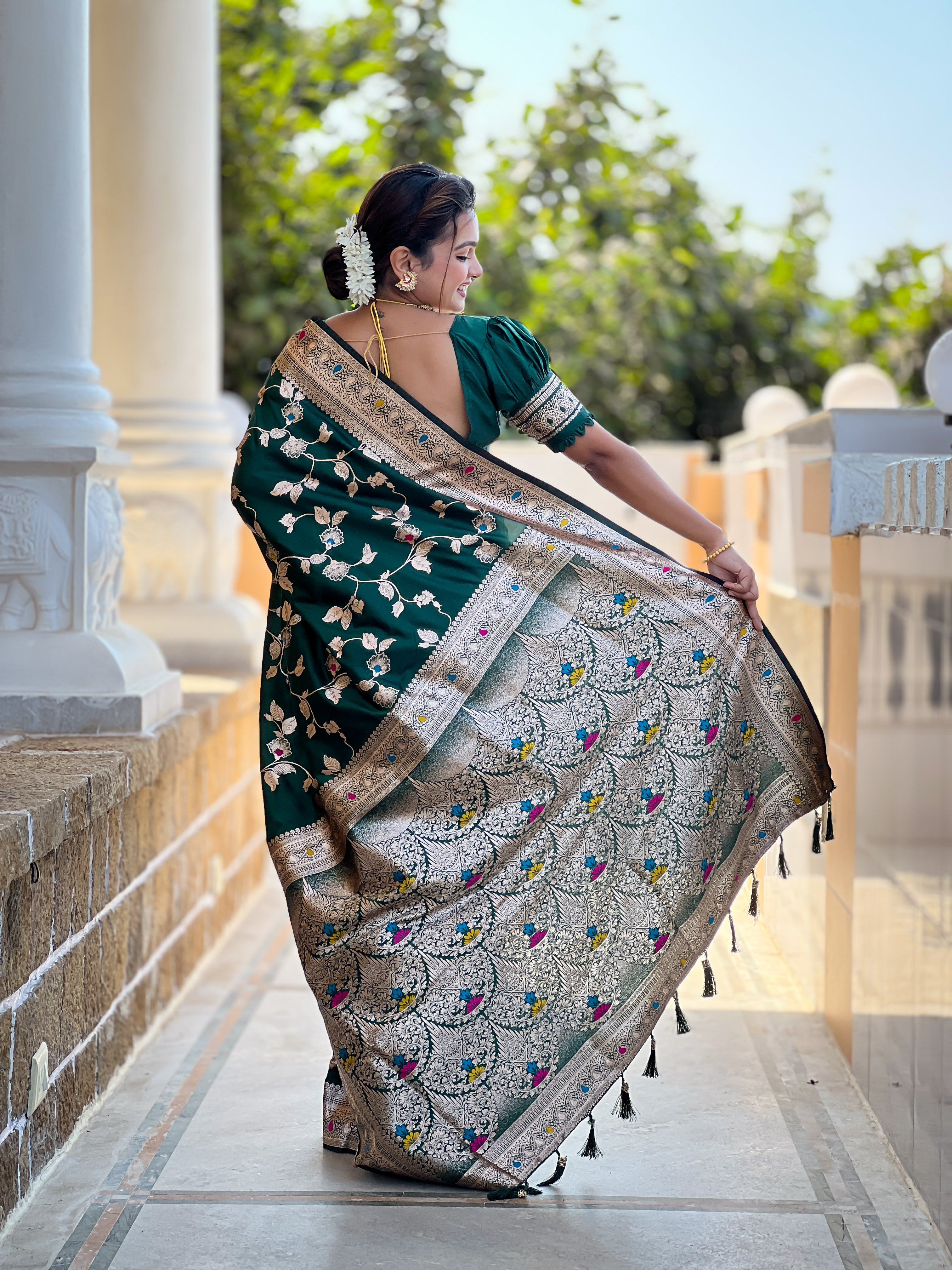 Bottle Green Zari Embroidered Banarasi Silk Saree