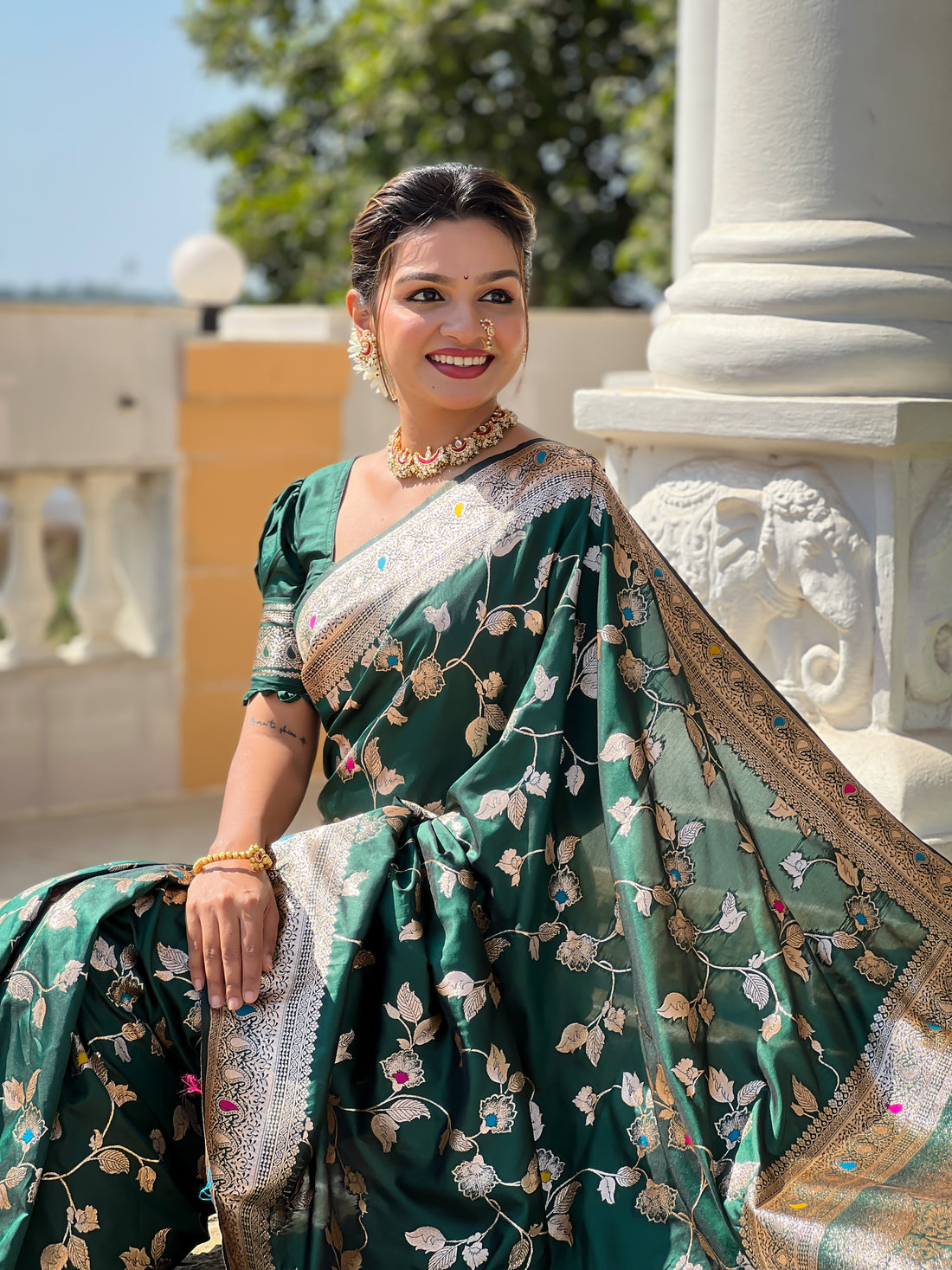 Bottle Green Zari Embroidered Banarasi Silk Saree