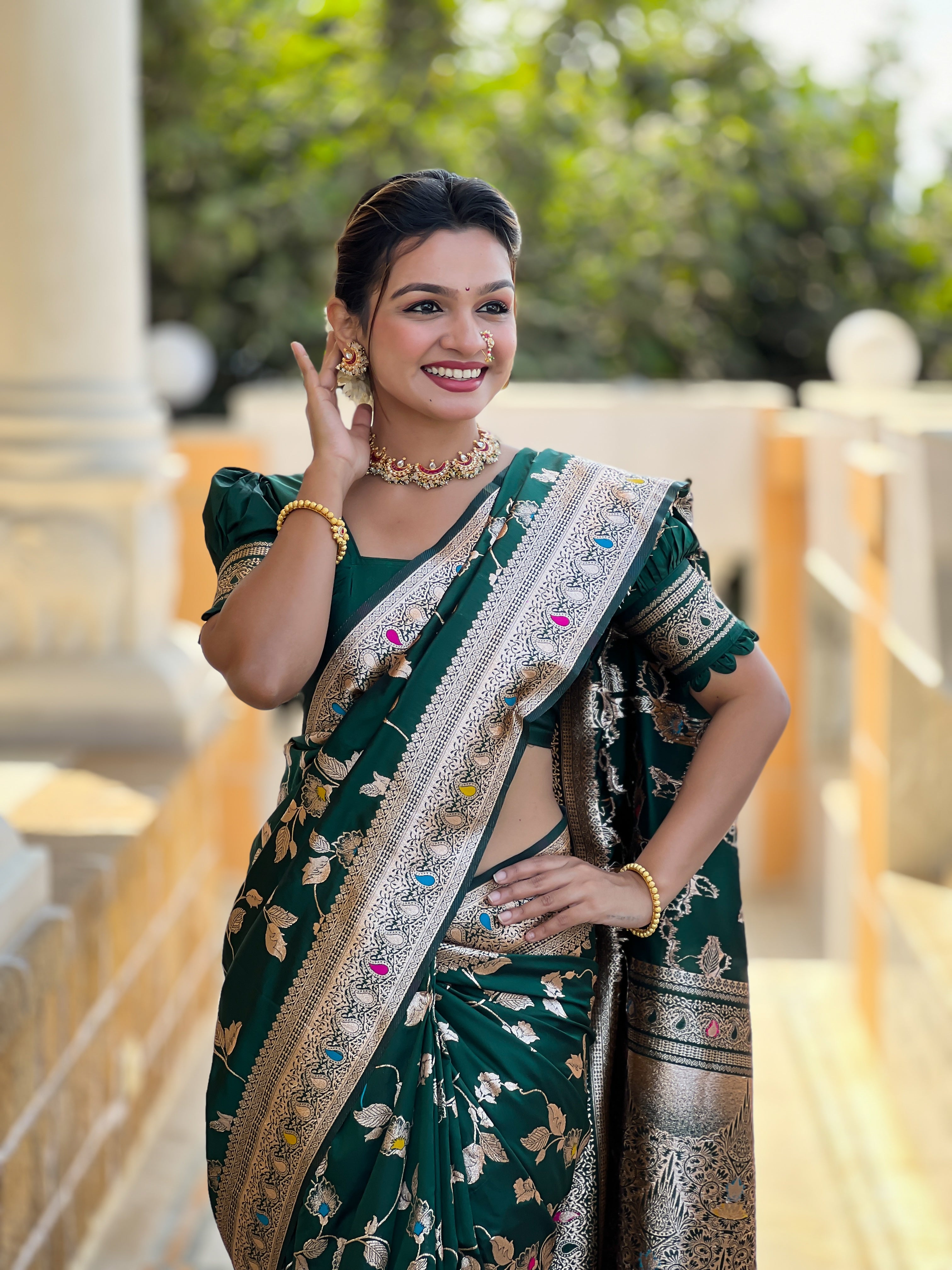 Bottle Green Zari Embroidered Banarasi Silk Saree