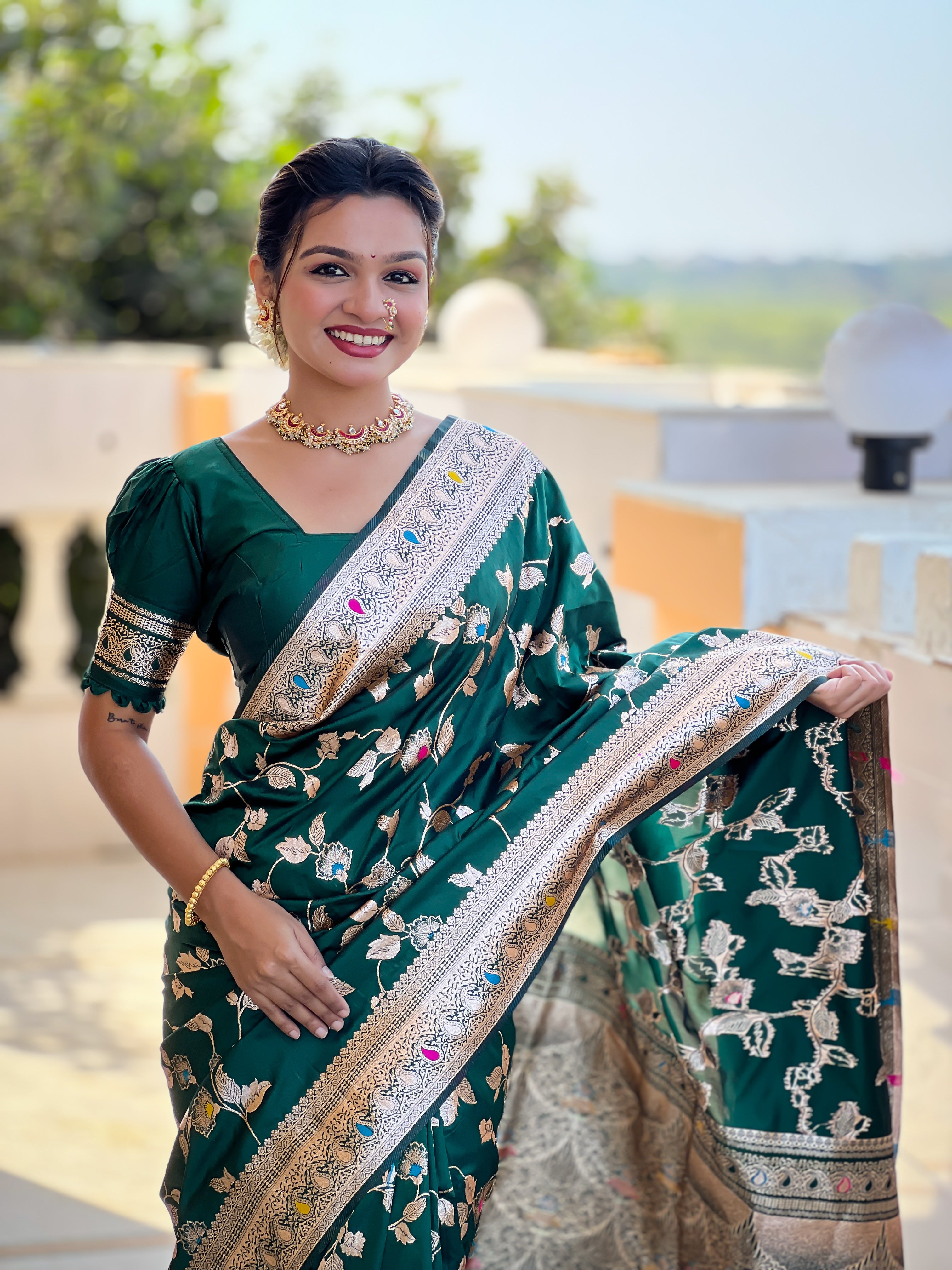 Bottle Green Zari Embroidered Banarasi Silk Saree