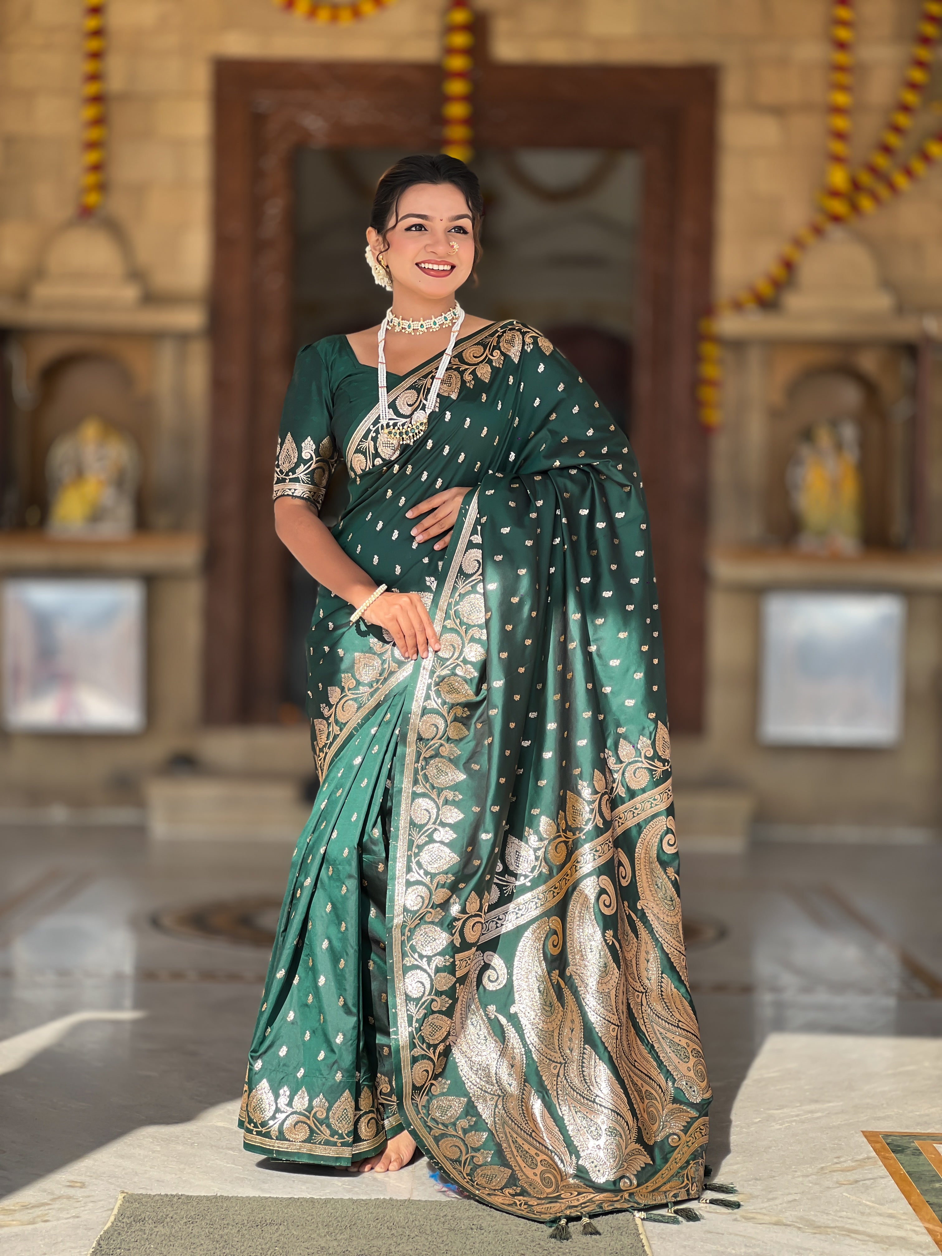 Bottle Green Soft Banarasi Silk Blend Saree With Zari Weaving