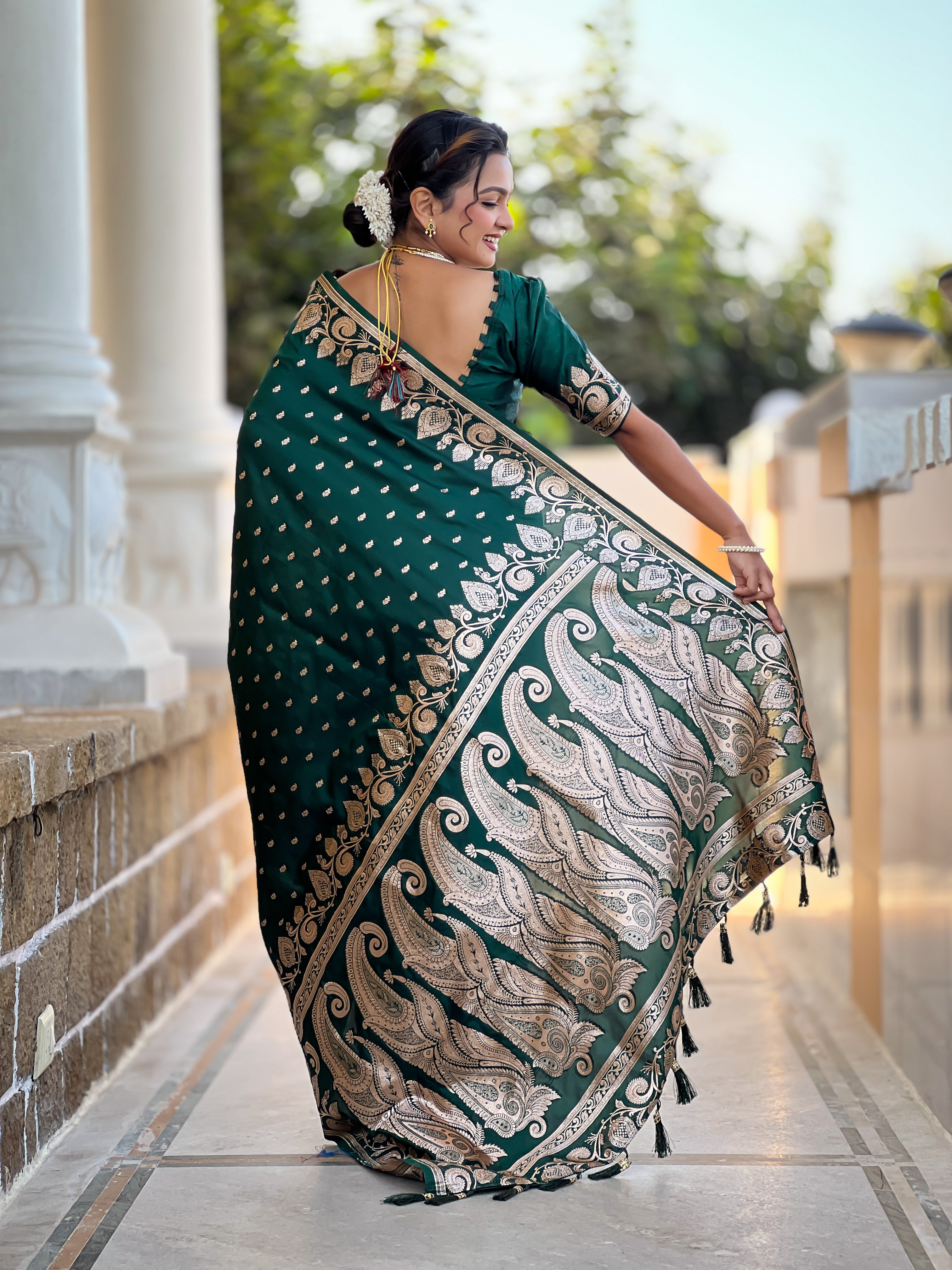 Bottle Green Soft Banarasi Silk Blend Saree With Zari Weaving