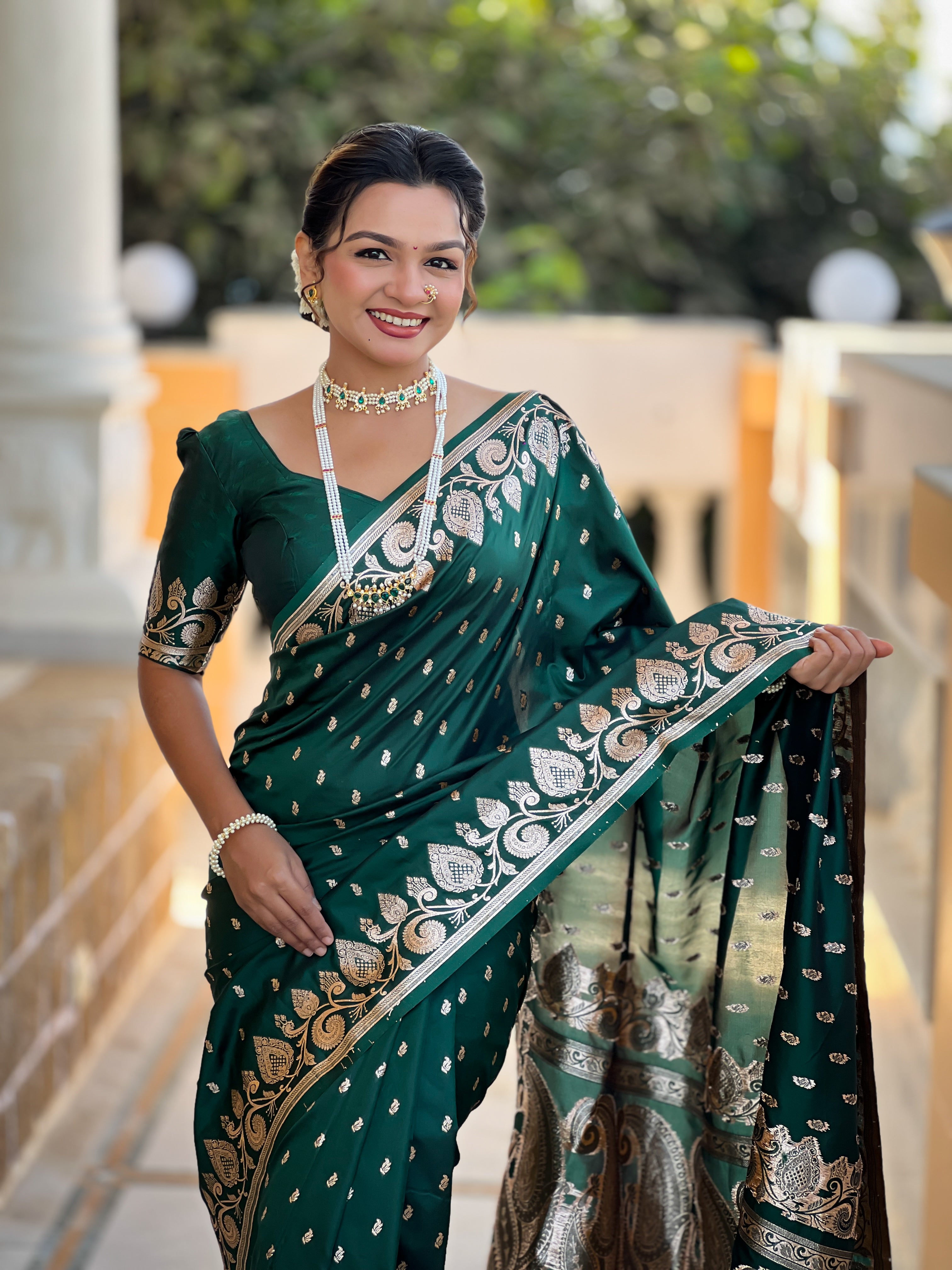 Bottle Green Soft Banarasi Silk Blend Saree With Zari Weaving