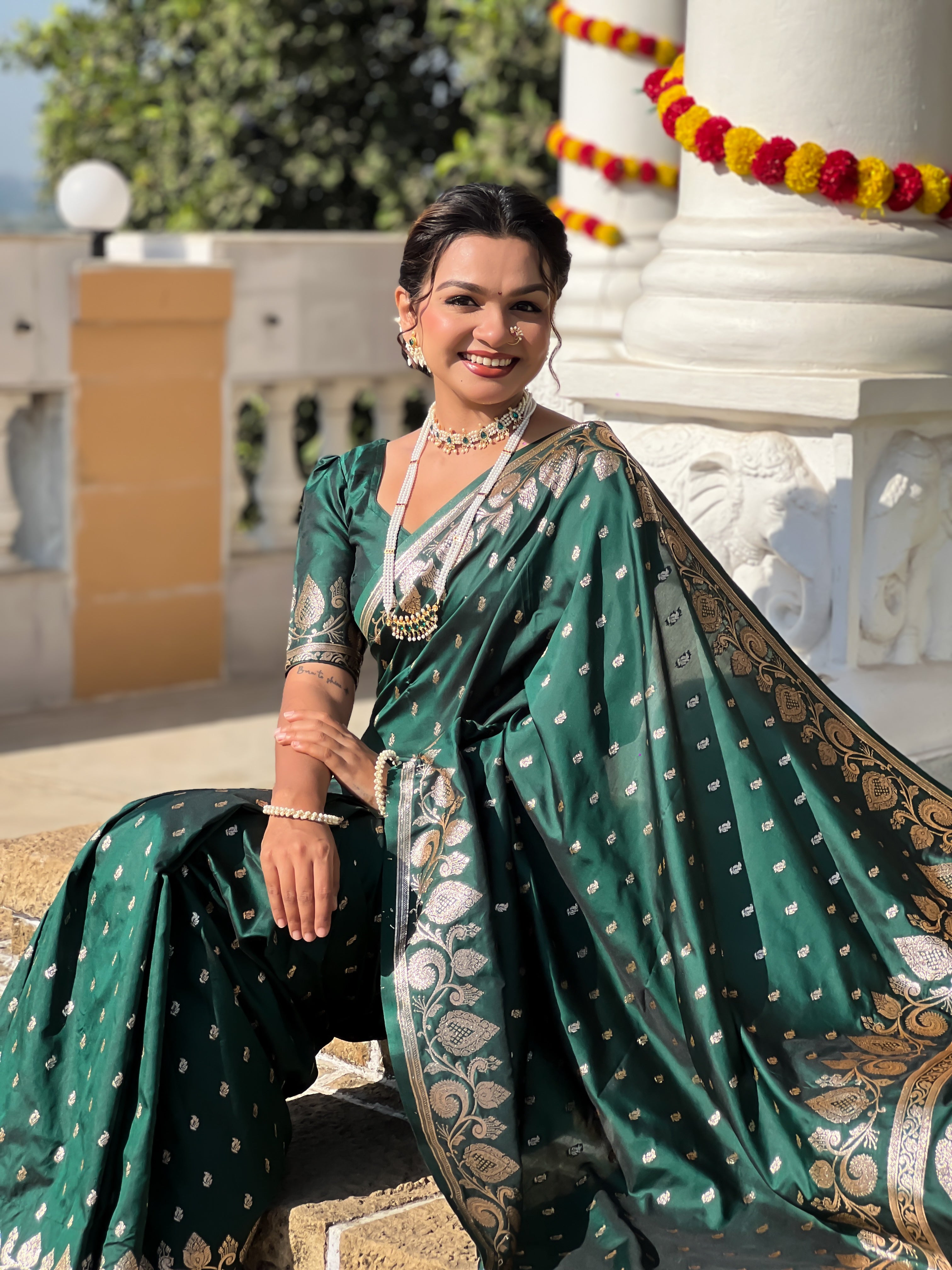 Bottle Green Soft Banarasi Silk Blend Saree With Zari Weaving
