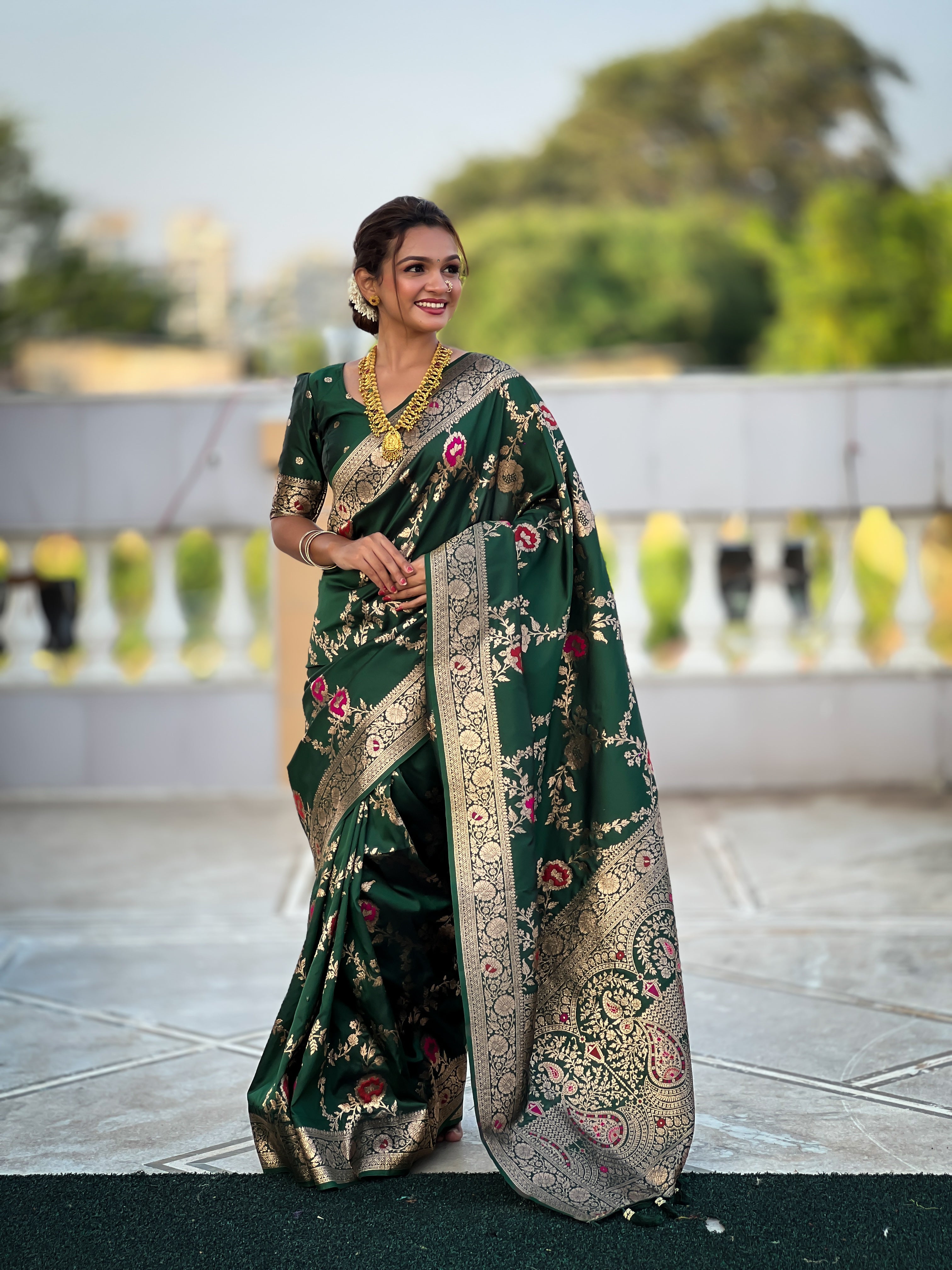 Bottle Green Soft Banarasi Silk Saree with Zari Weaving Meenakari Touchup Design