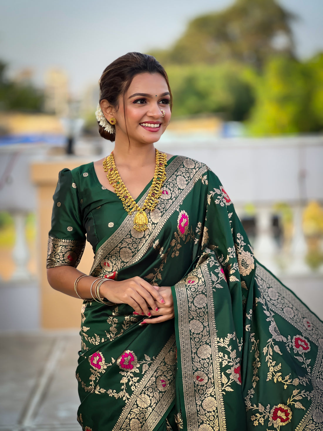 Bottle Green Soft Banarasi Silk Saree with Zari Weaving Meenakari Touchup Design