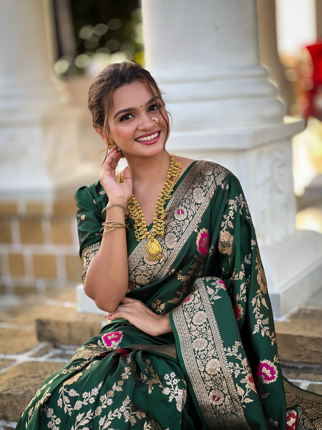 Bottle Green Soft Banarasi Silk Saree with Zari Weaving Meenakari Touchup Design