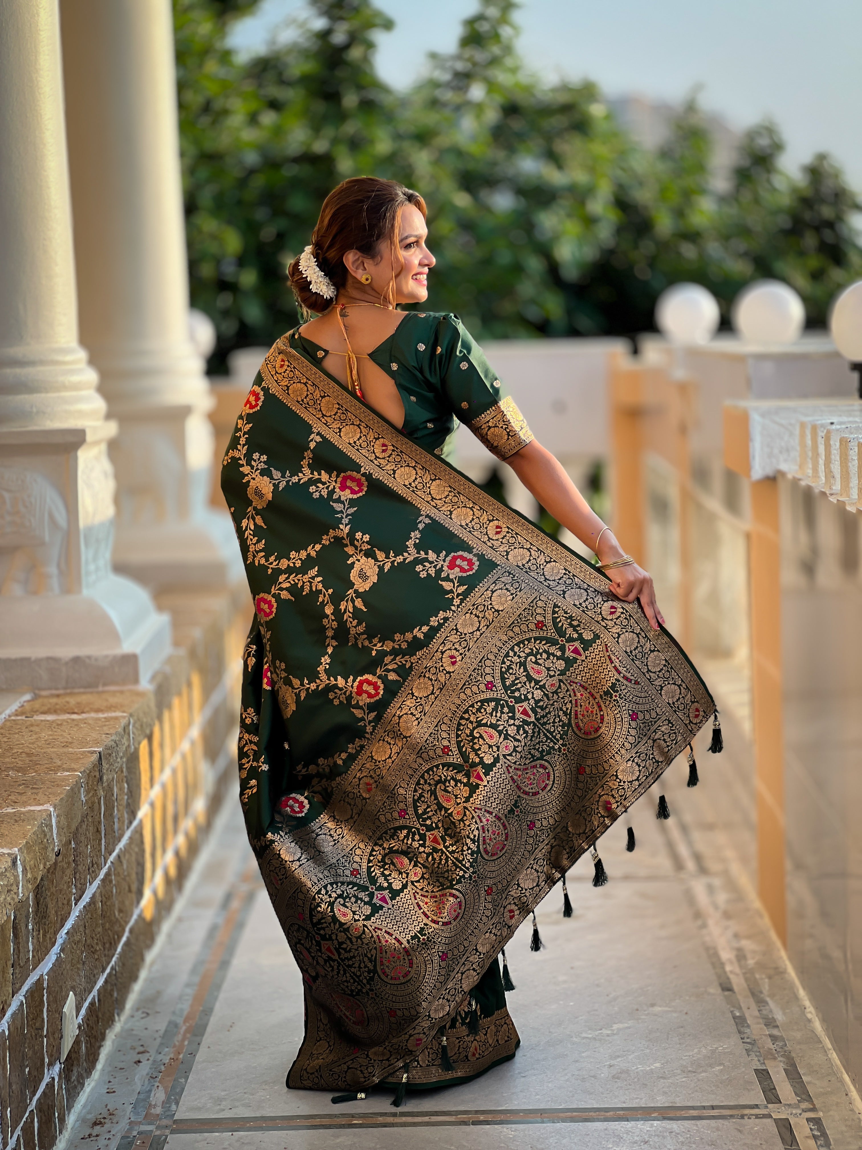 Bottle Green Soft Banarasi Silk Saree with Zari Weaving Meenakari Touchup Design