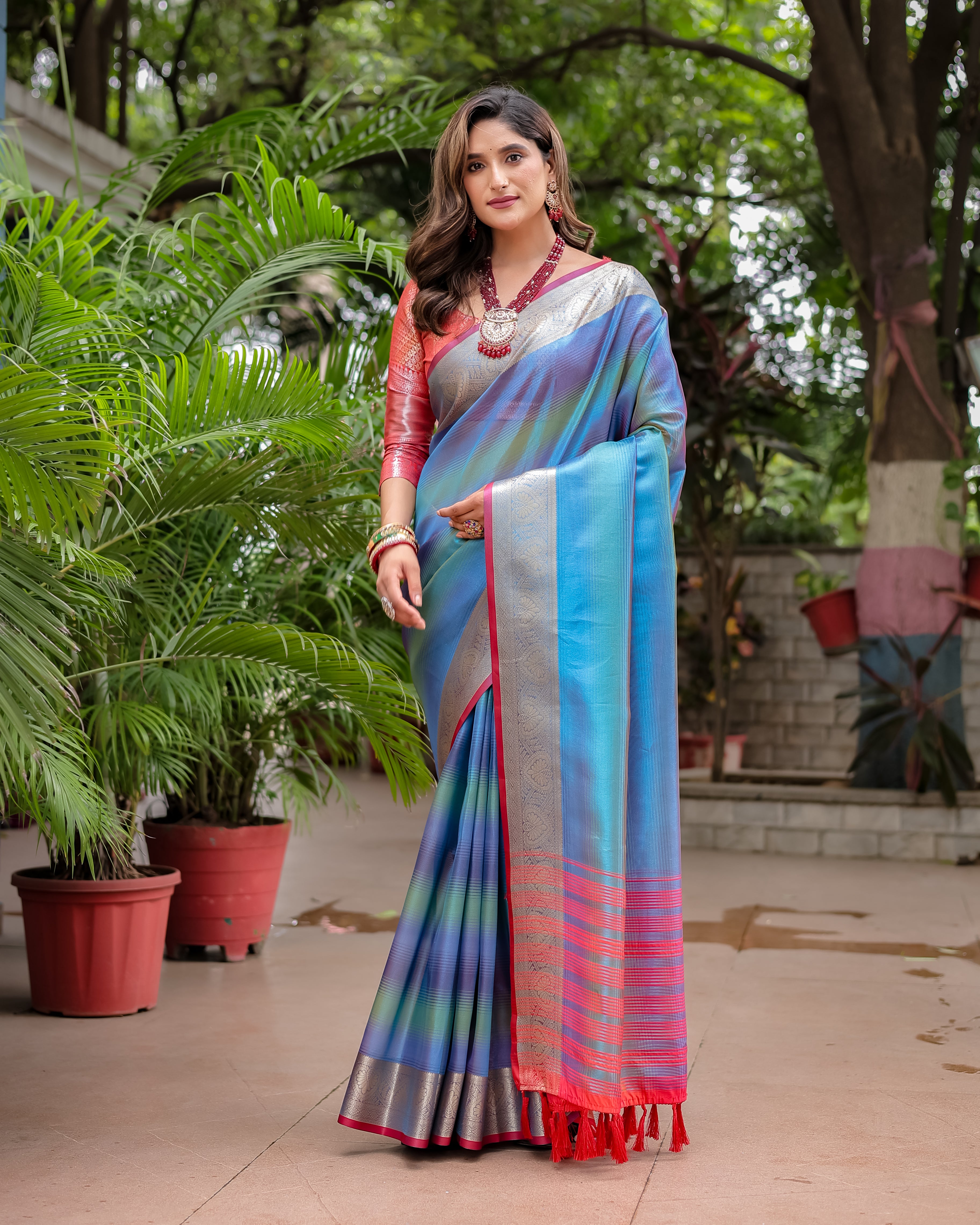 Bright Cerulean Rangkart Pattern Soft Banarsi Silk Saree