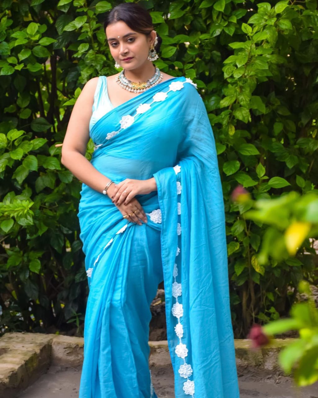 Bright Sky Blue Georgette Fancy Lace Attech Saree