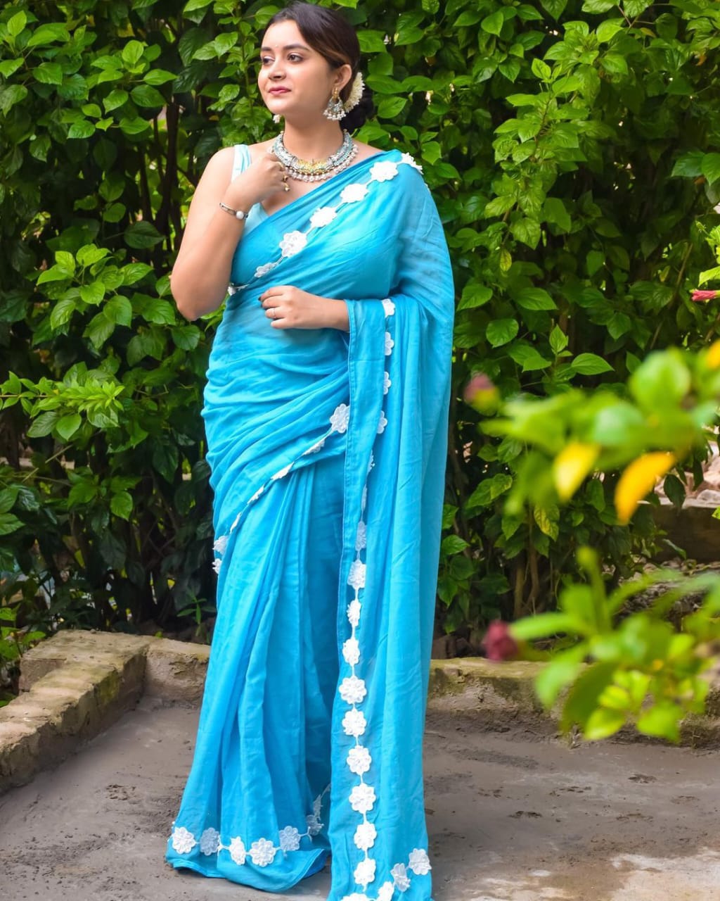 Bright Sky Blue Georgette Fancy Lace Attech Saree