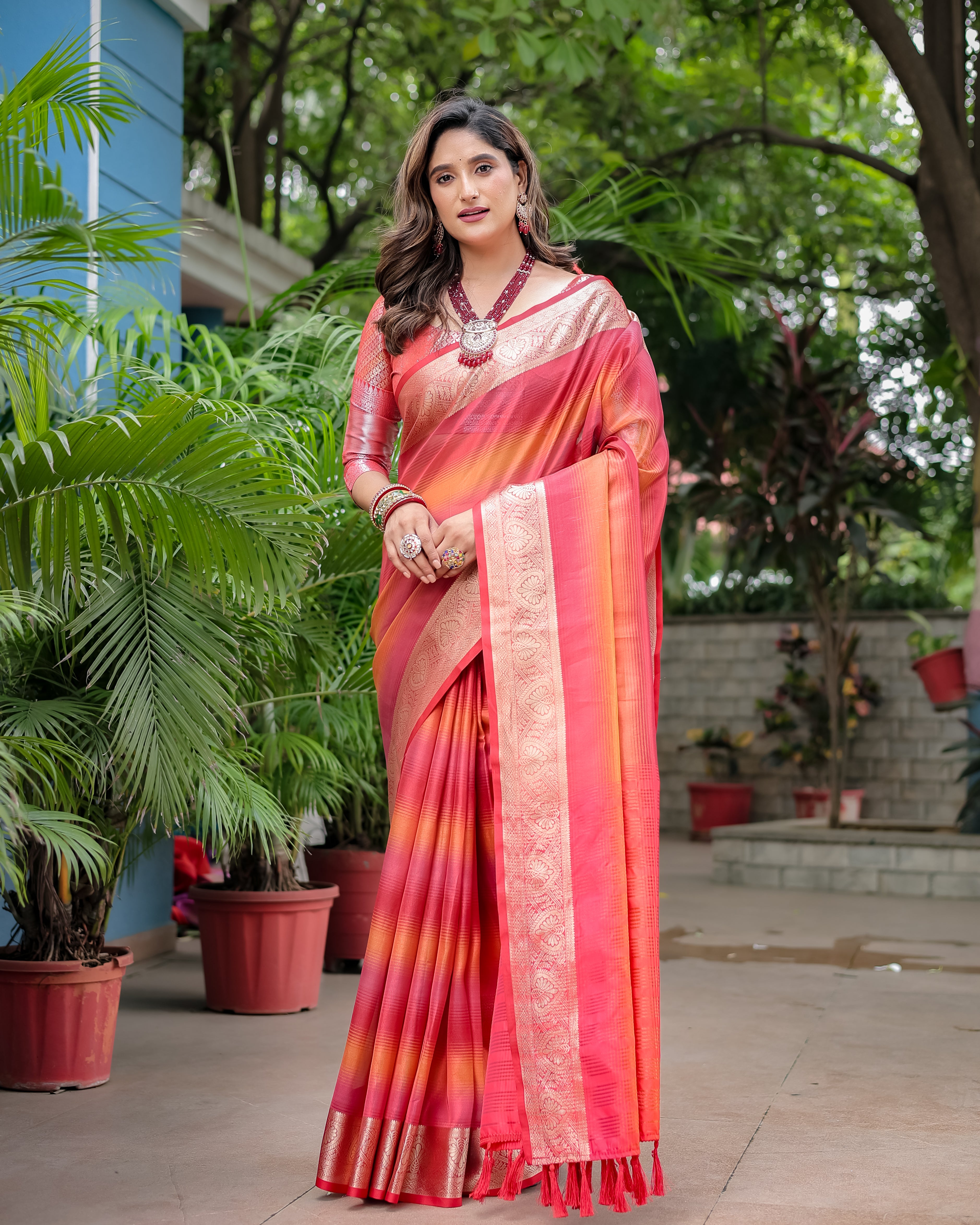 Brink Pink Rangkart Pattern Soft Banarsi Silk Saree