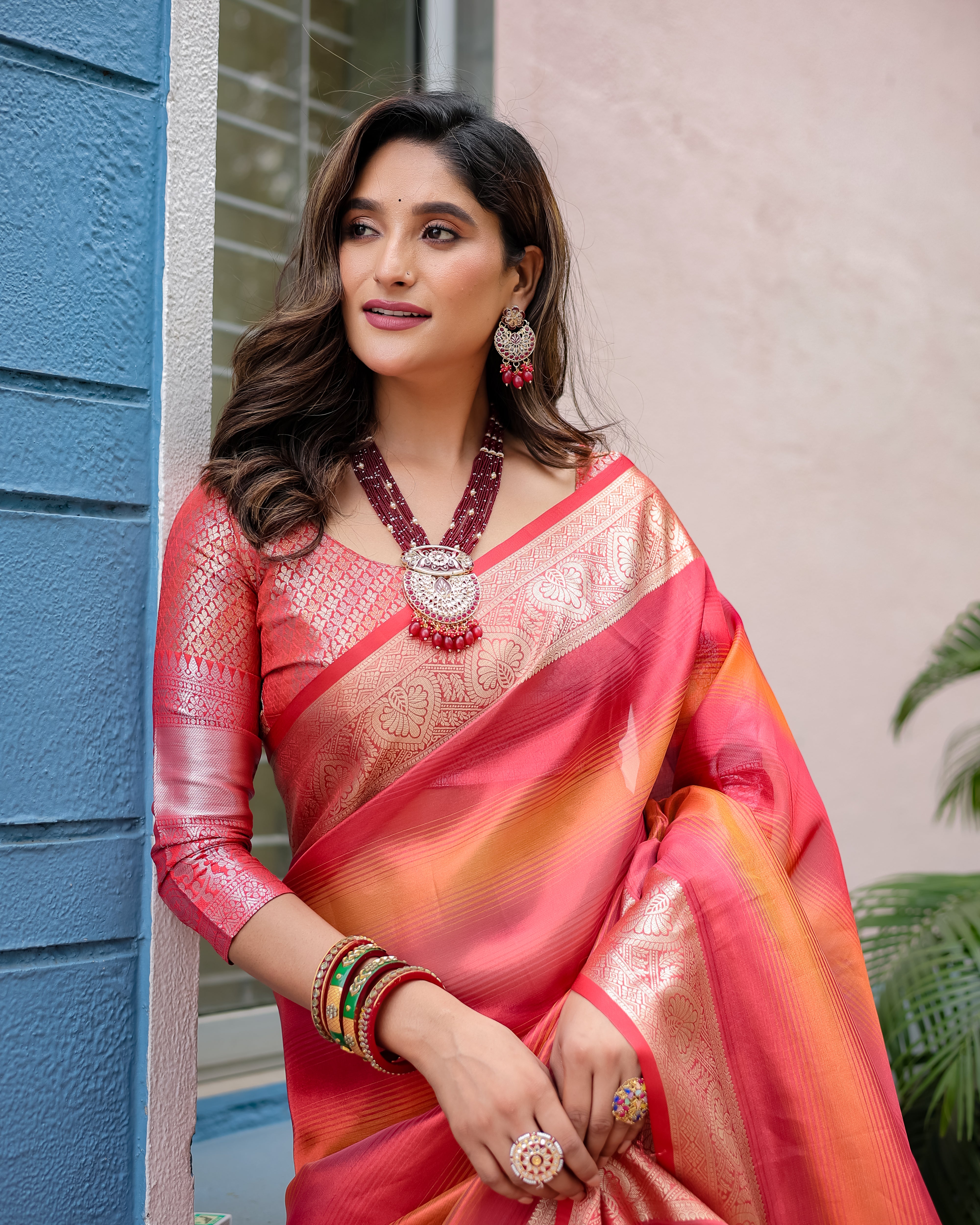 Brink Pink Rangkart Pattern Soft Banarsi Silk Saree