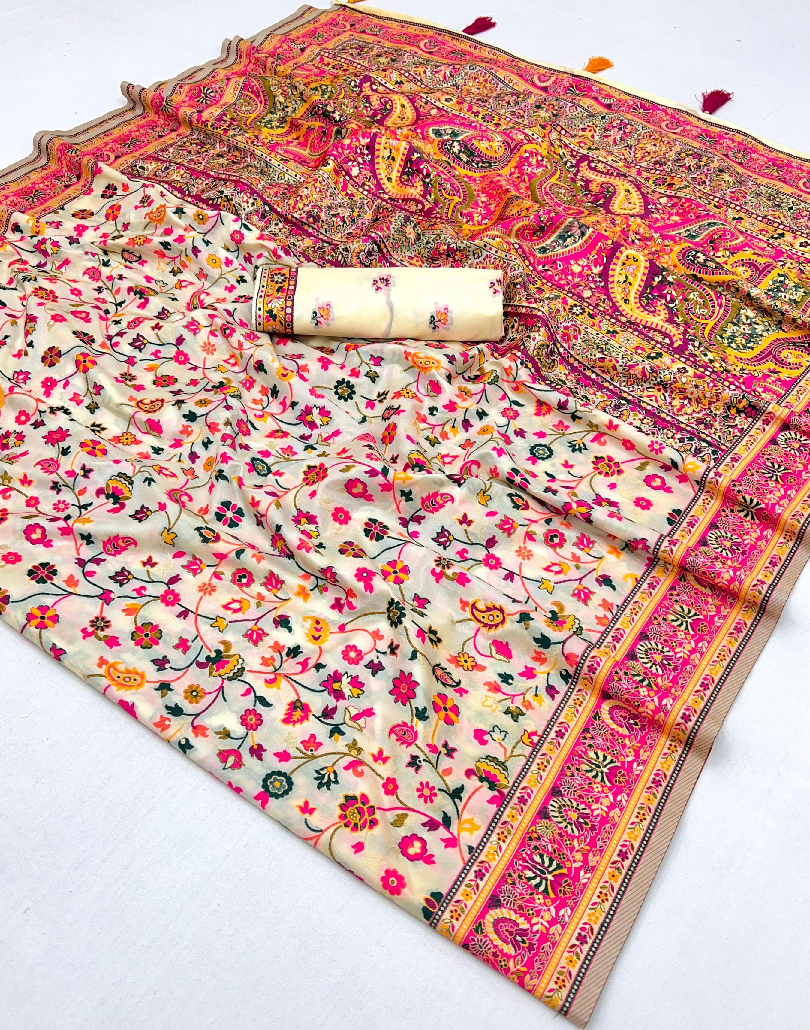 Buttery White Pashmina Kashmiri Sarees with meena weaves and kashmiri weaves