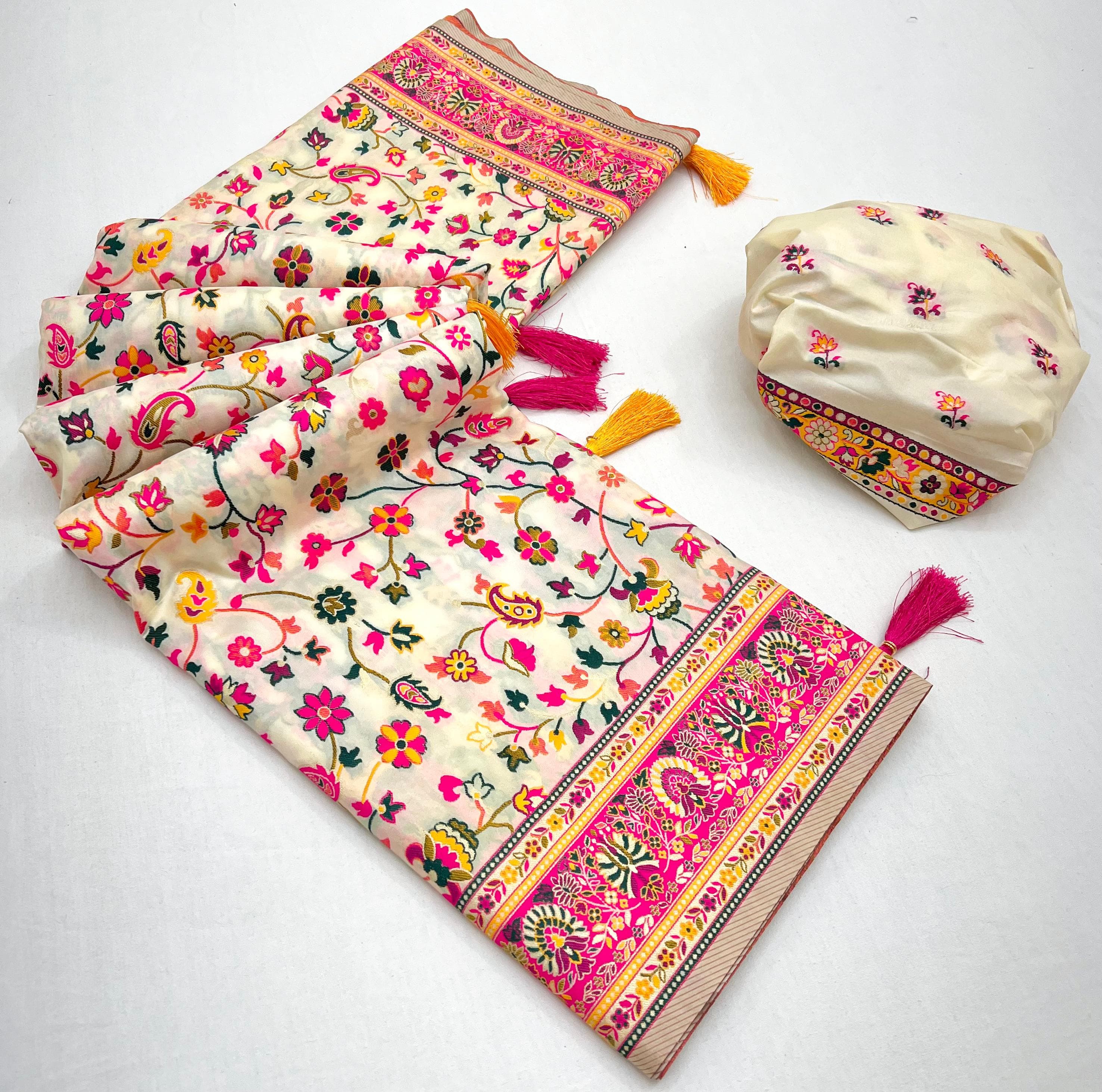 Buttery White Pashmina Kashmiri Sarees with meena weaves and kashmiri weaves