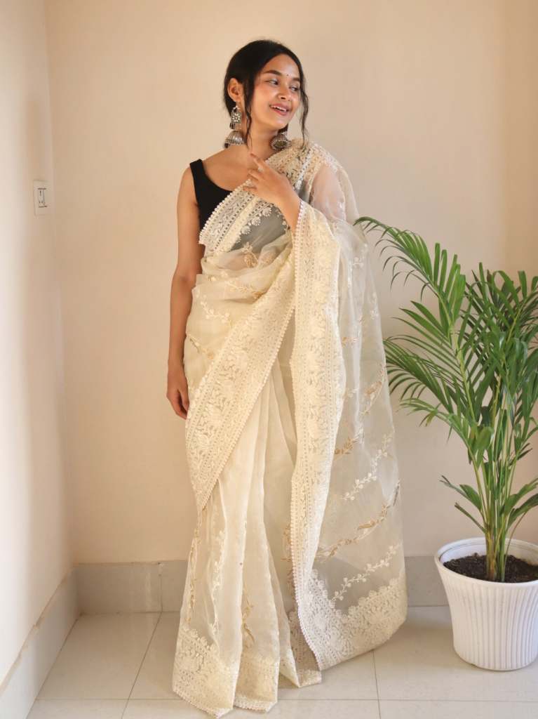 Off White Chikankari Worked Pure Organza Saree