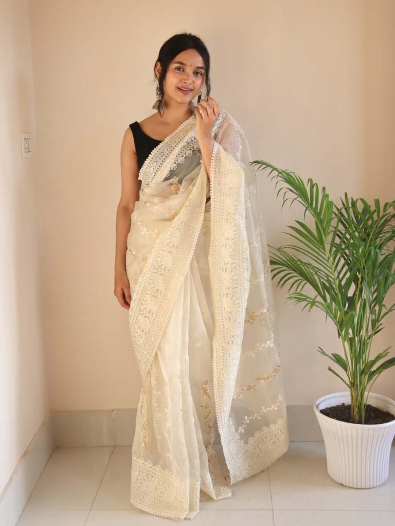 Off White Chikankari Worked Pure Organza Saree