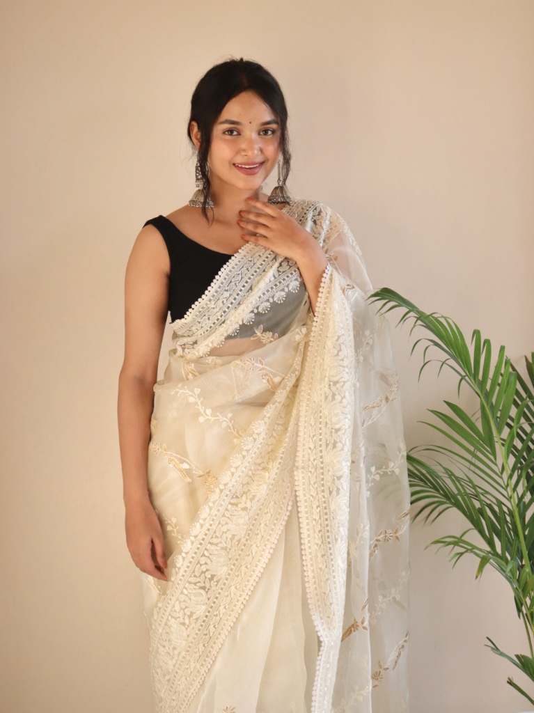 Off White Chikankari Worked Pure Organza Saree