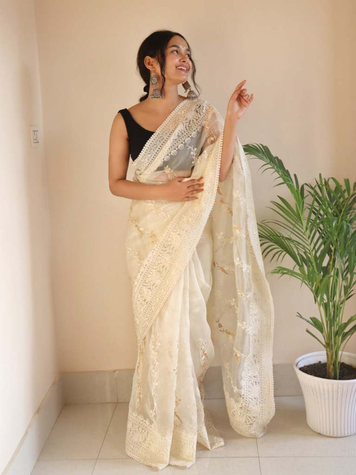 Off White Chikankari Worked Pure Organza Saree