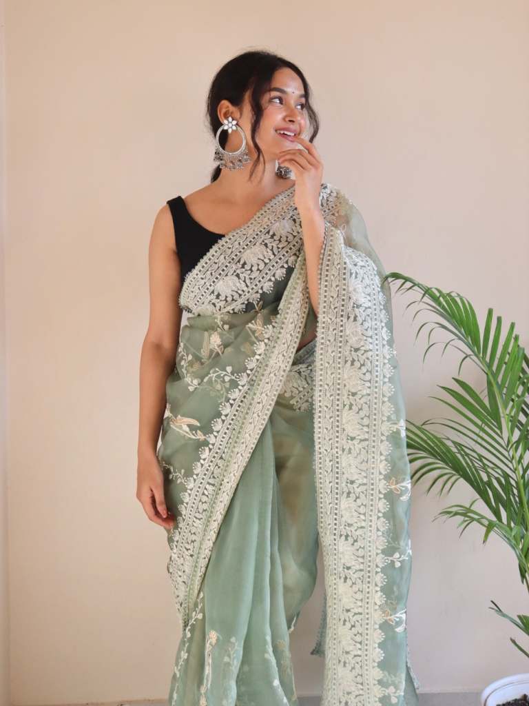 Olive Green Chikankari Worked Pure Organza Saree