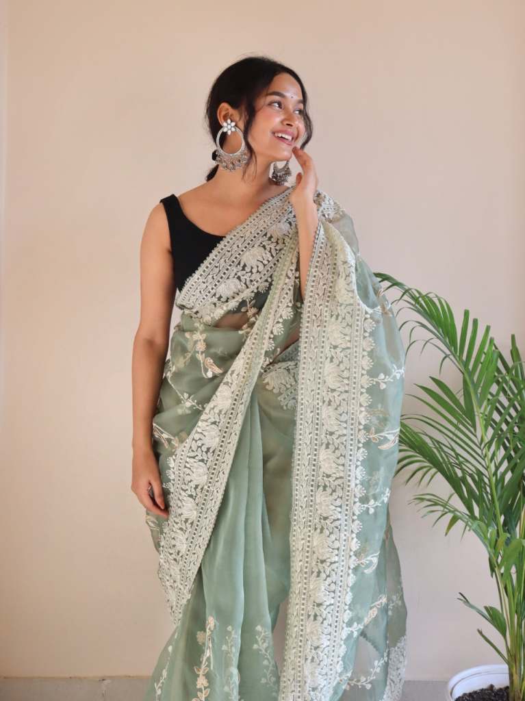 Olive Green Chikankari Worked Pure Organza Saree
