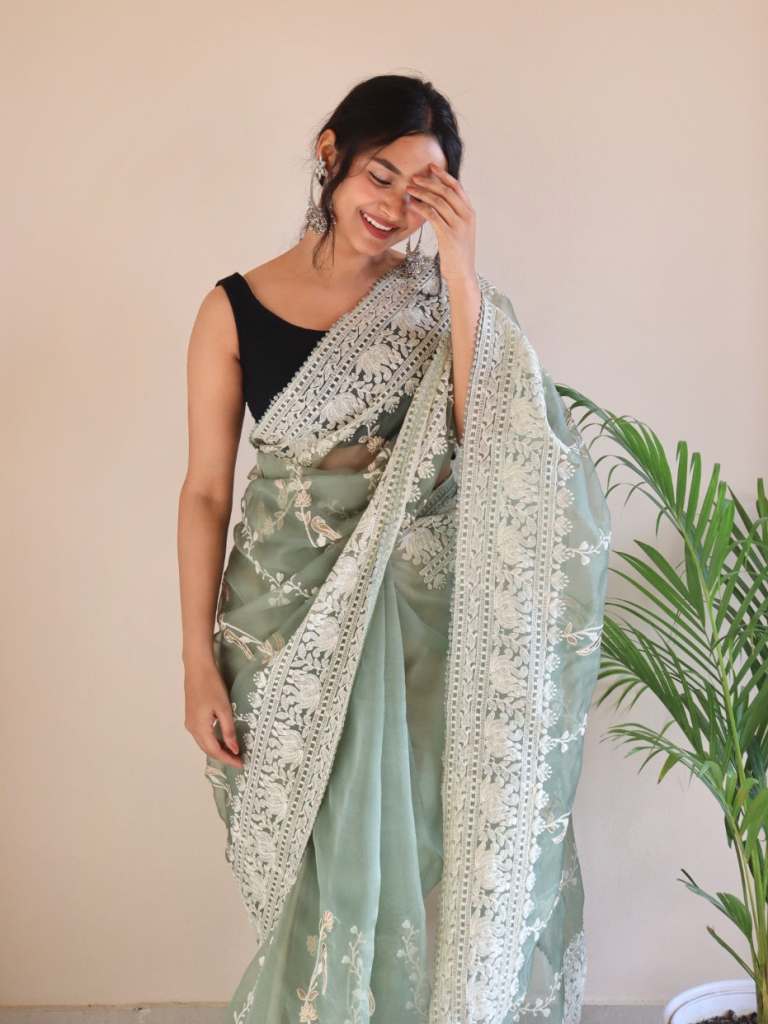 Olive Green Chikankari Worked Pure Organza Saree