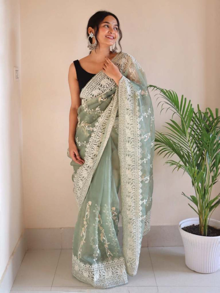 Olive Green Chikankari Worked Pure Organza Saree