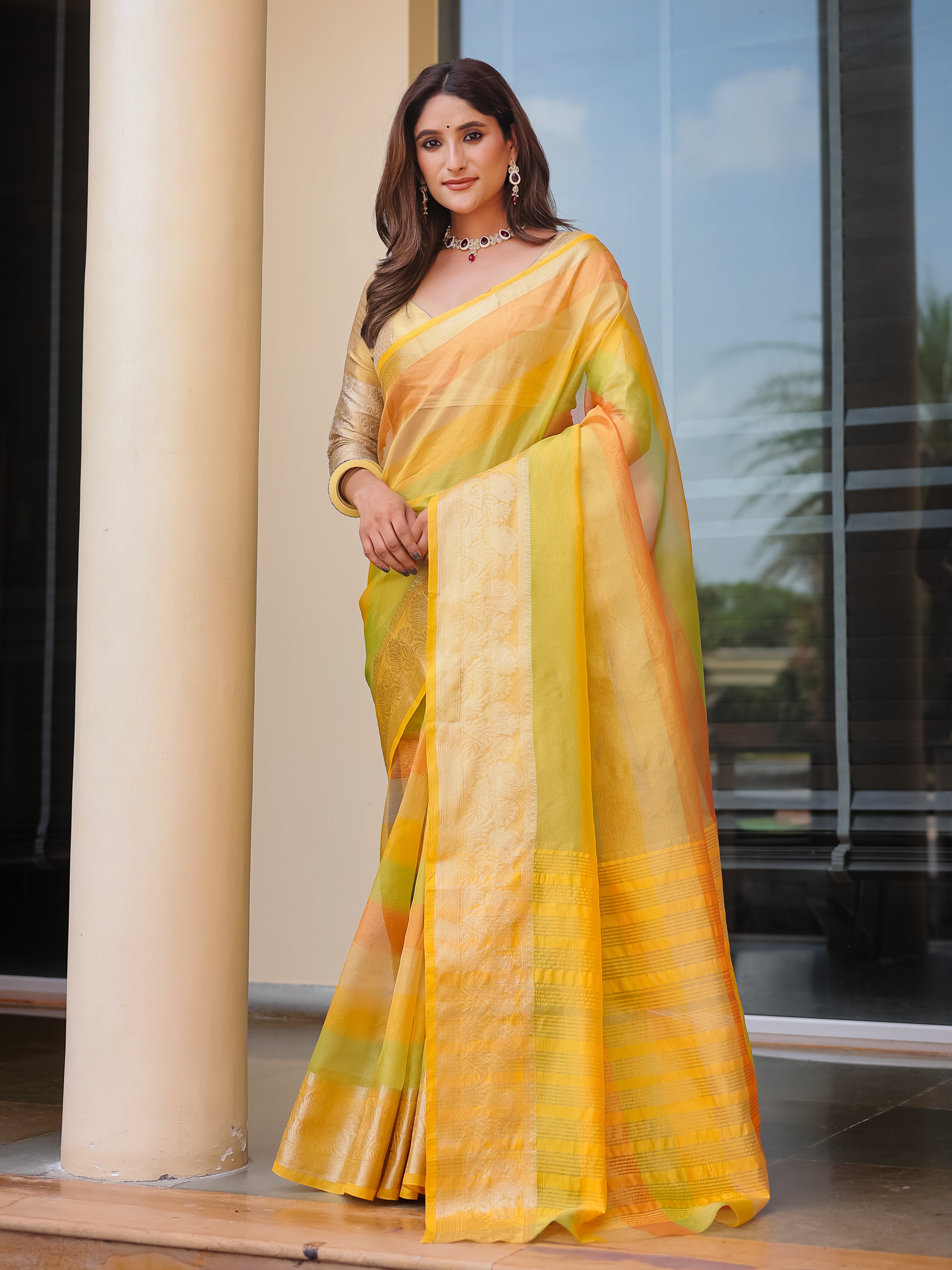 Chrome Yellow Banarasi Handloom Crush Saree