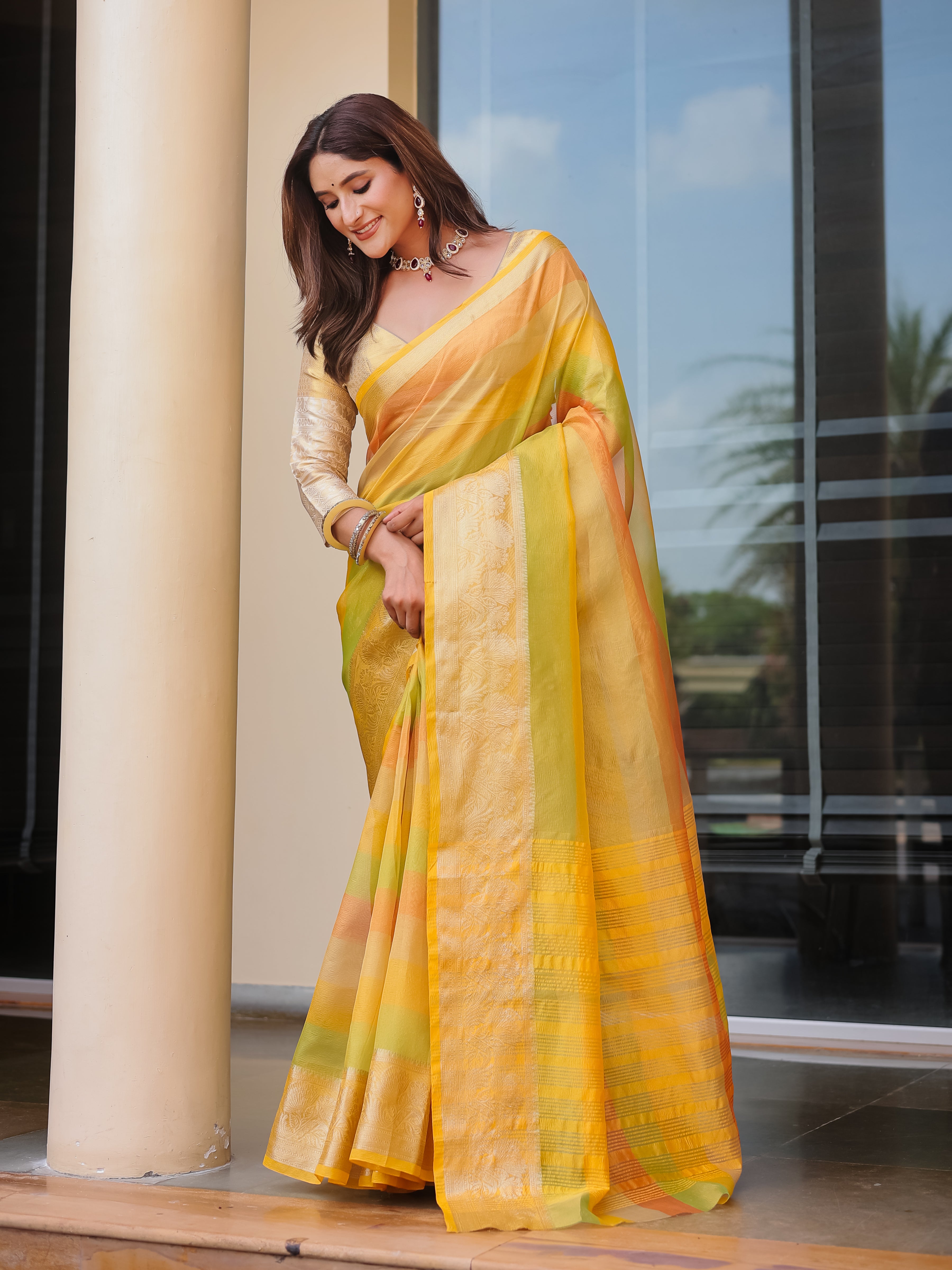 Chrome Yellow Banarasi Handloom Crush Saree
