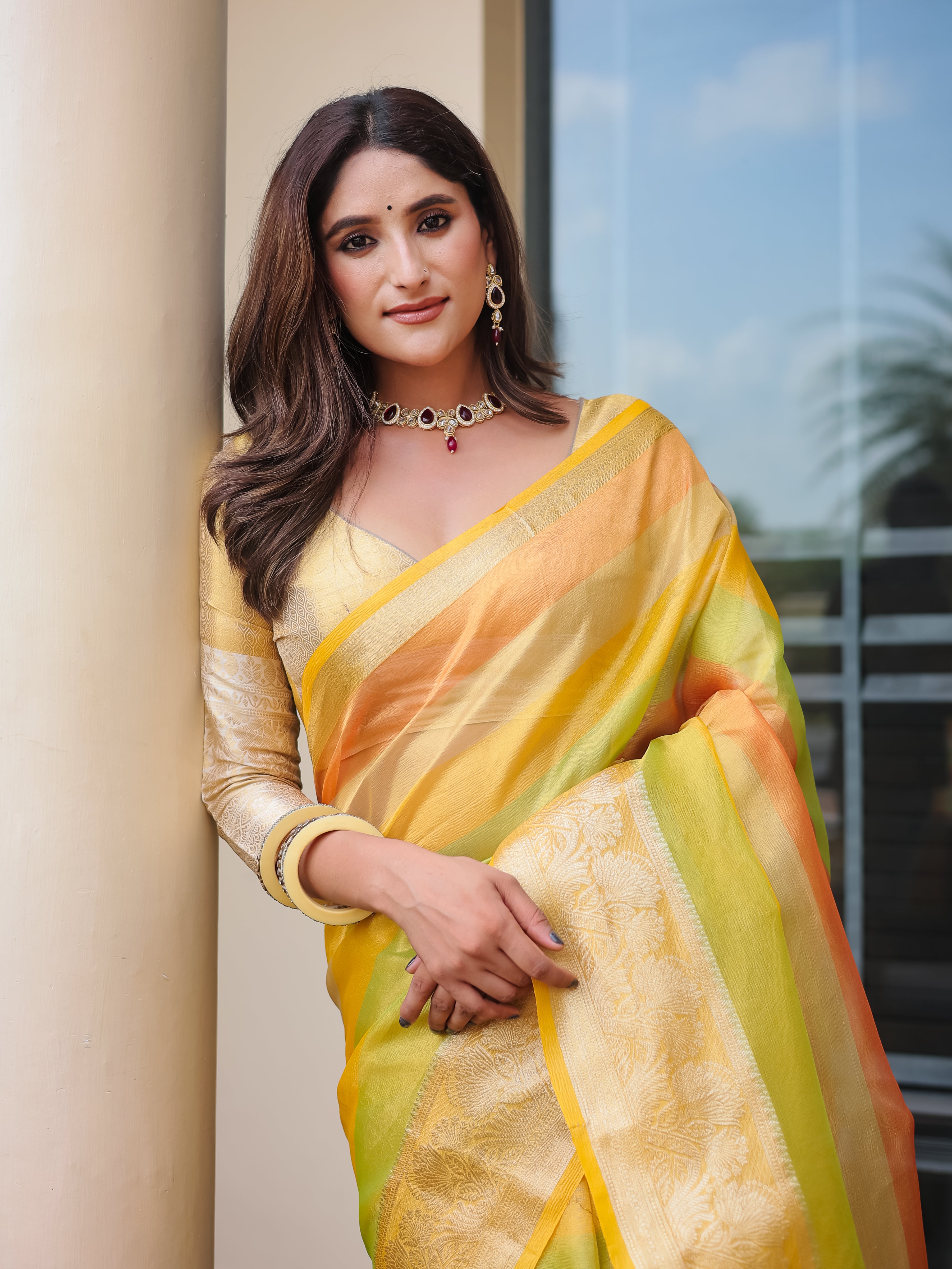 Chrome Yellow Banarasi Handloom Crush Saree