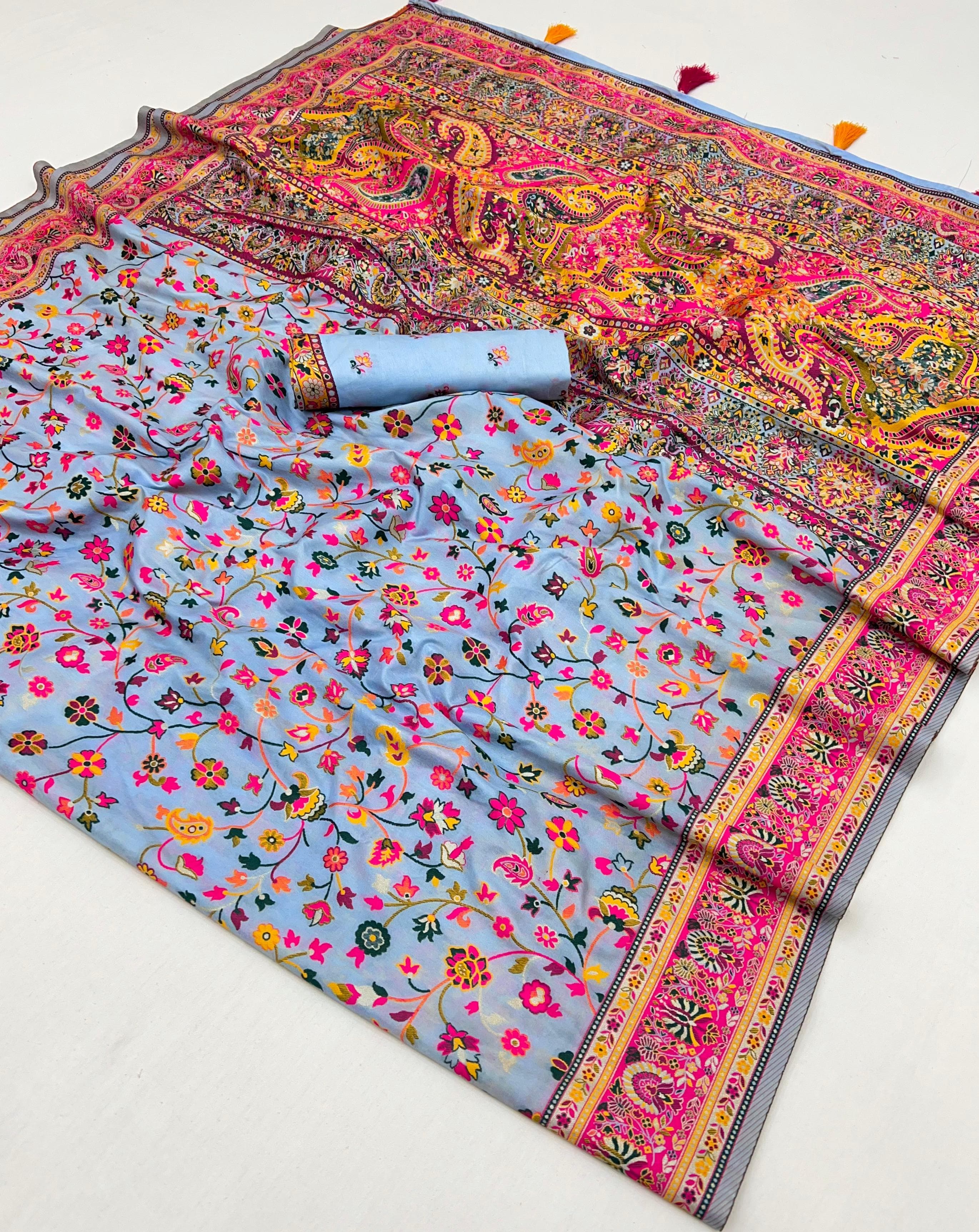 Cloudy Blue Pashmina Kashmiri Sarees with meena weaves and kashmiri weaves