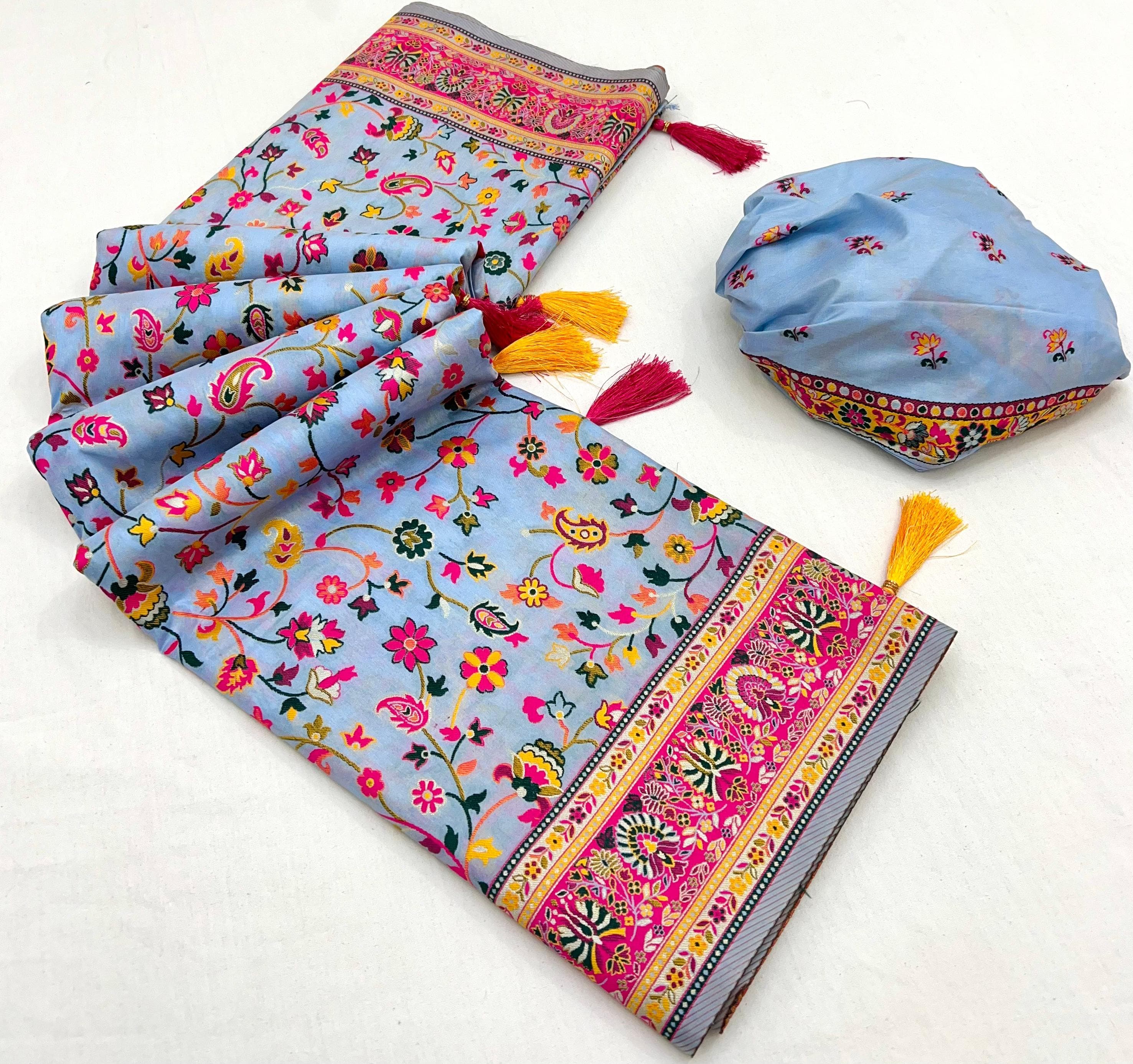 Cloudy Blue Pashmina Kashmiri Sarees with meena weaves and kashmiri weaves