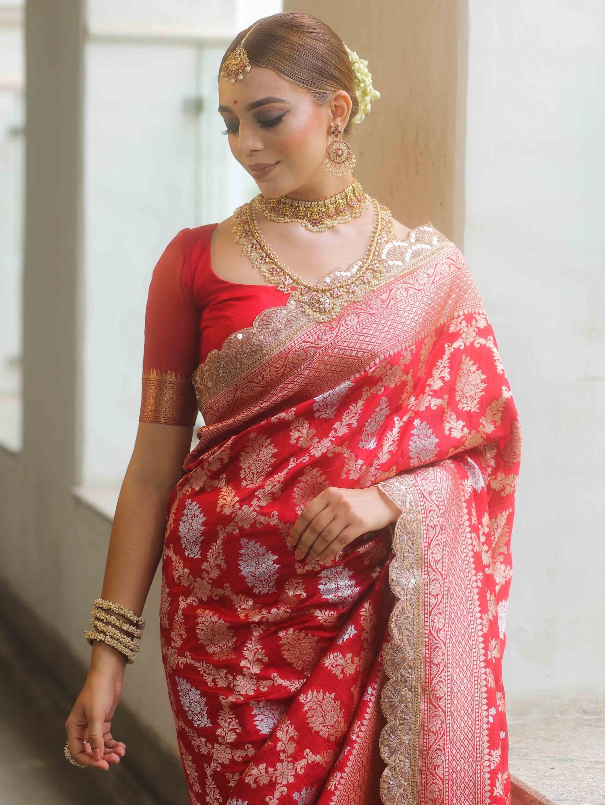 Cornell red banarsi katan silk saree