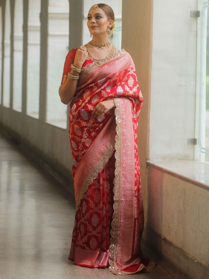 Cornell red banarsi katan silk saree