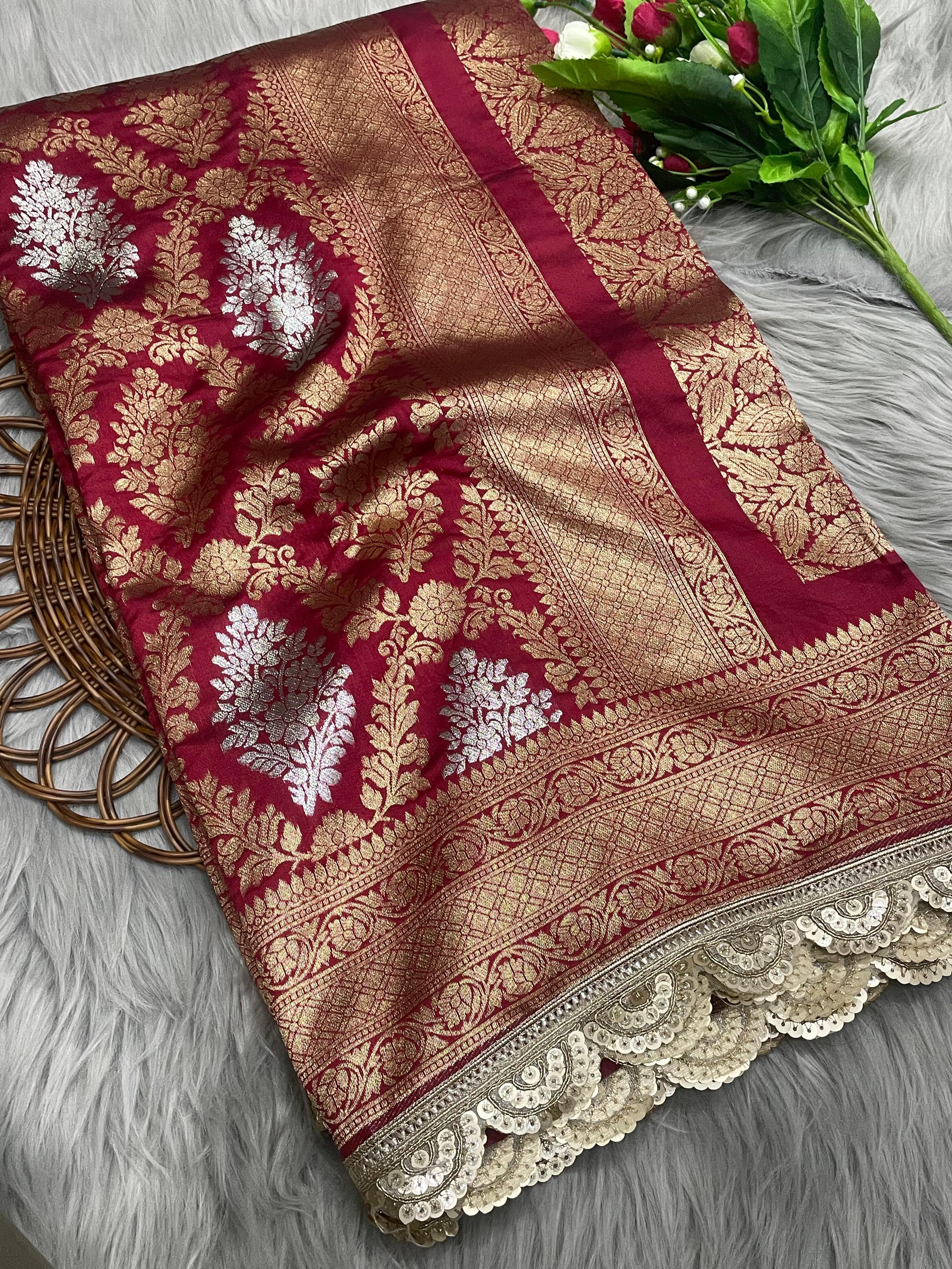 Cornell red banarsi katan silk saree