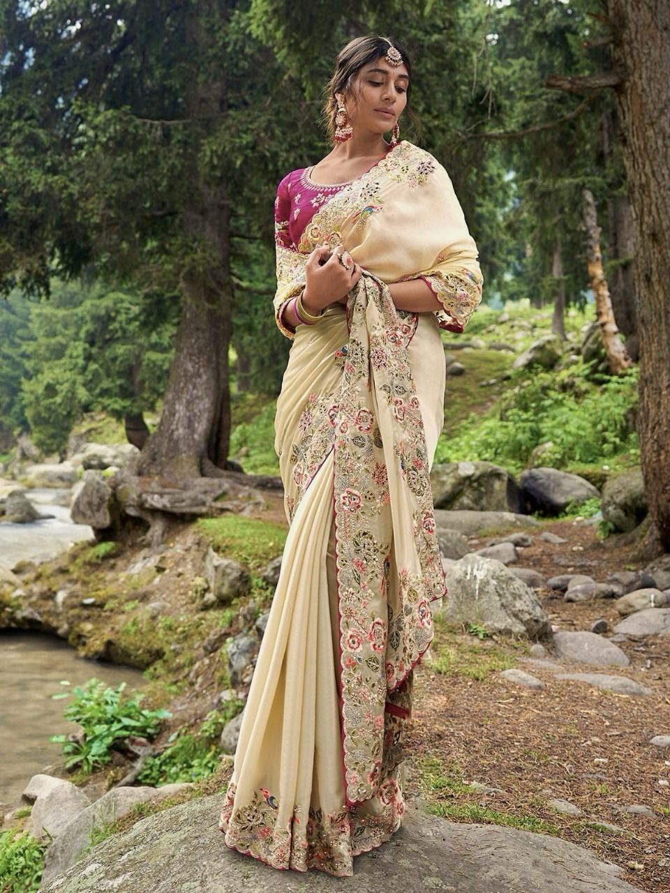 Cream Embroidered Pure Soft Jimmy Choo Saree