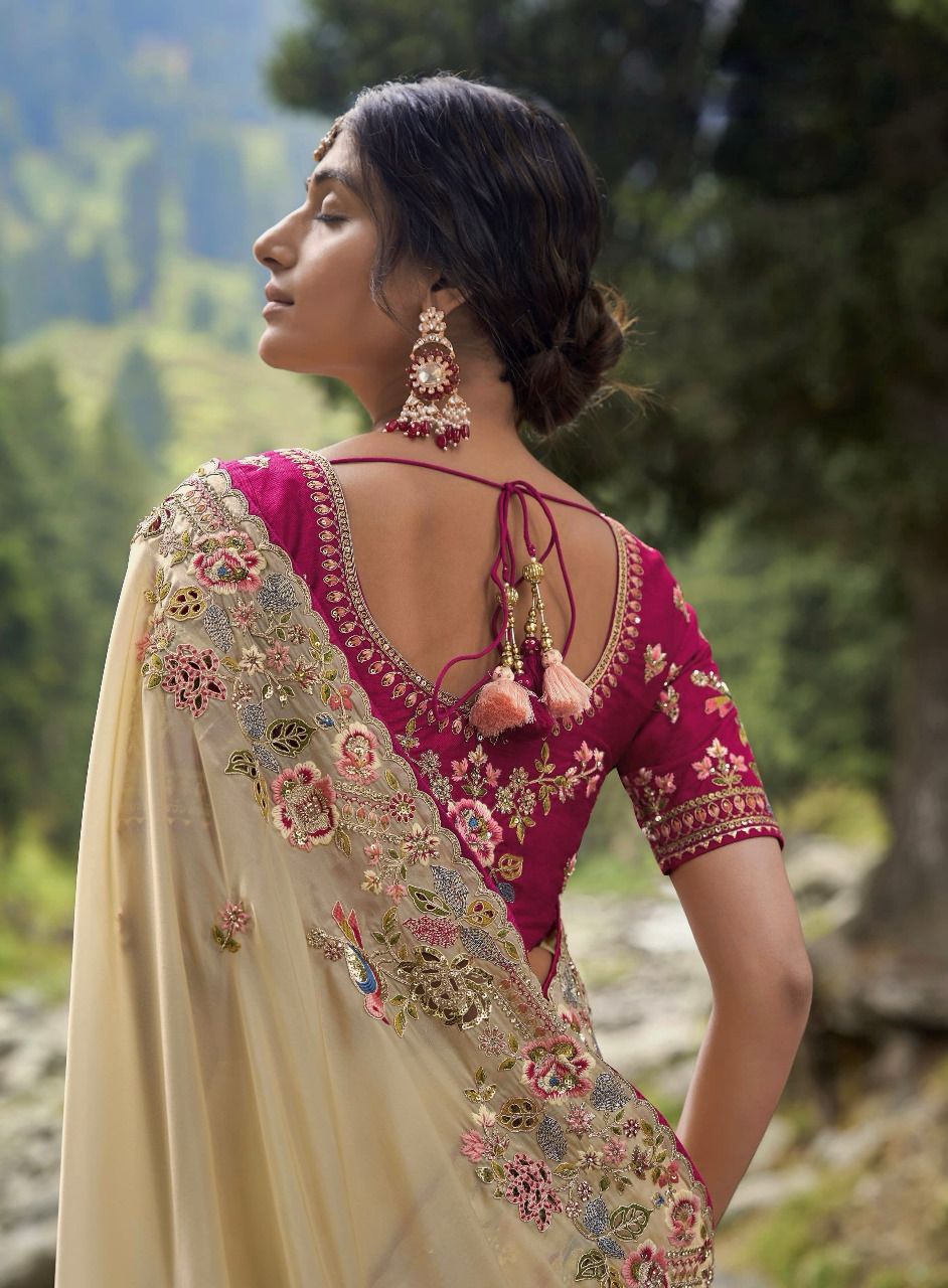 Cream Embroidered Pure Soft Jimmy Choo Saree