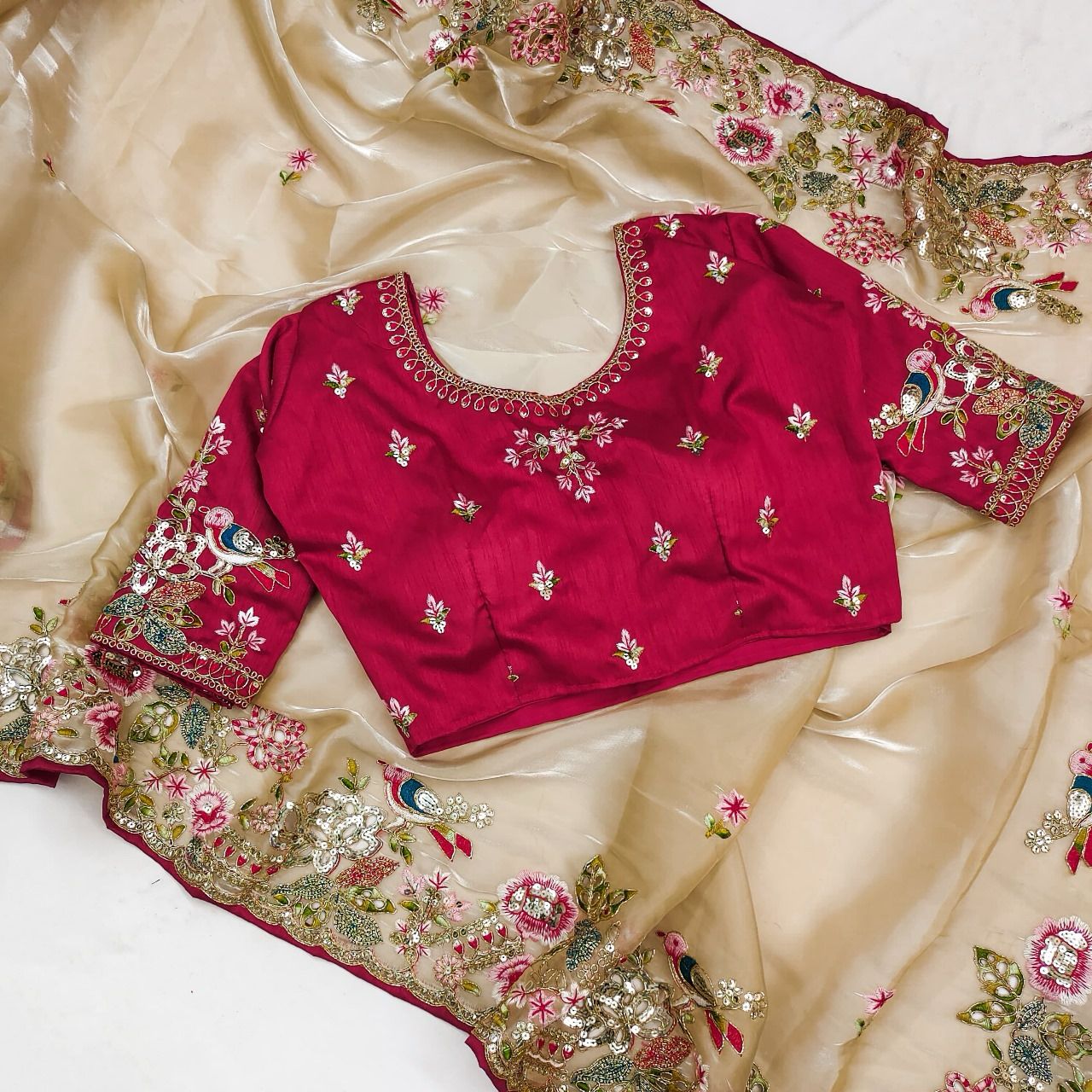 Cream Embroidered Pure Soft Jimmy Choo Saree