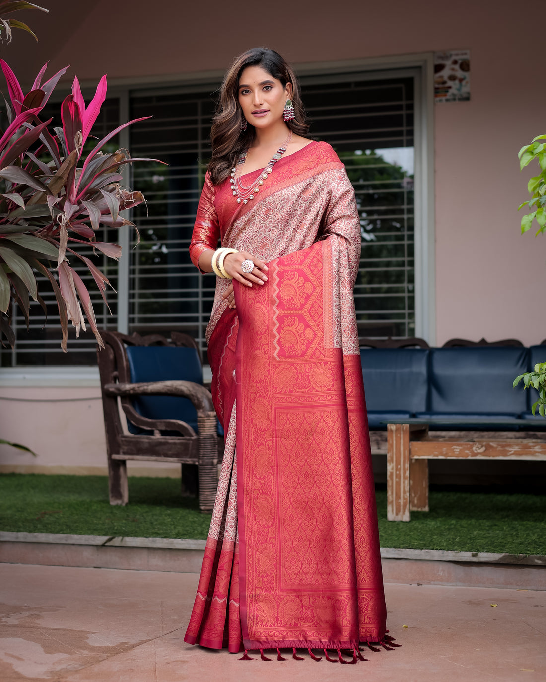 Cream Designer Tassels Premium Banarsi Silk Saree