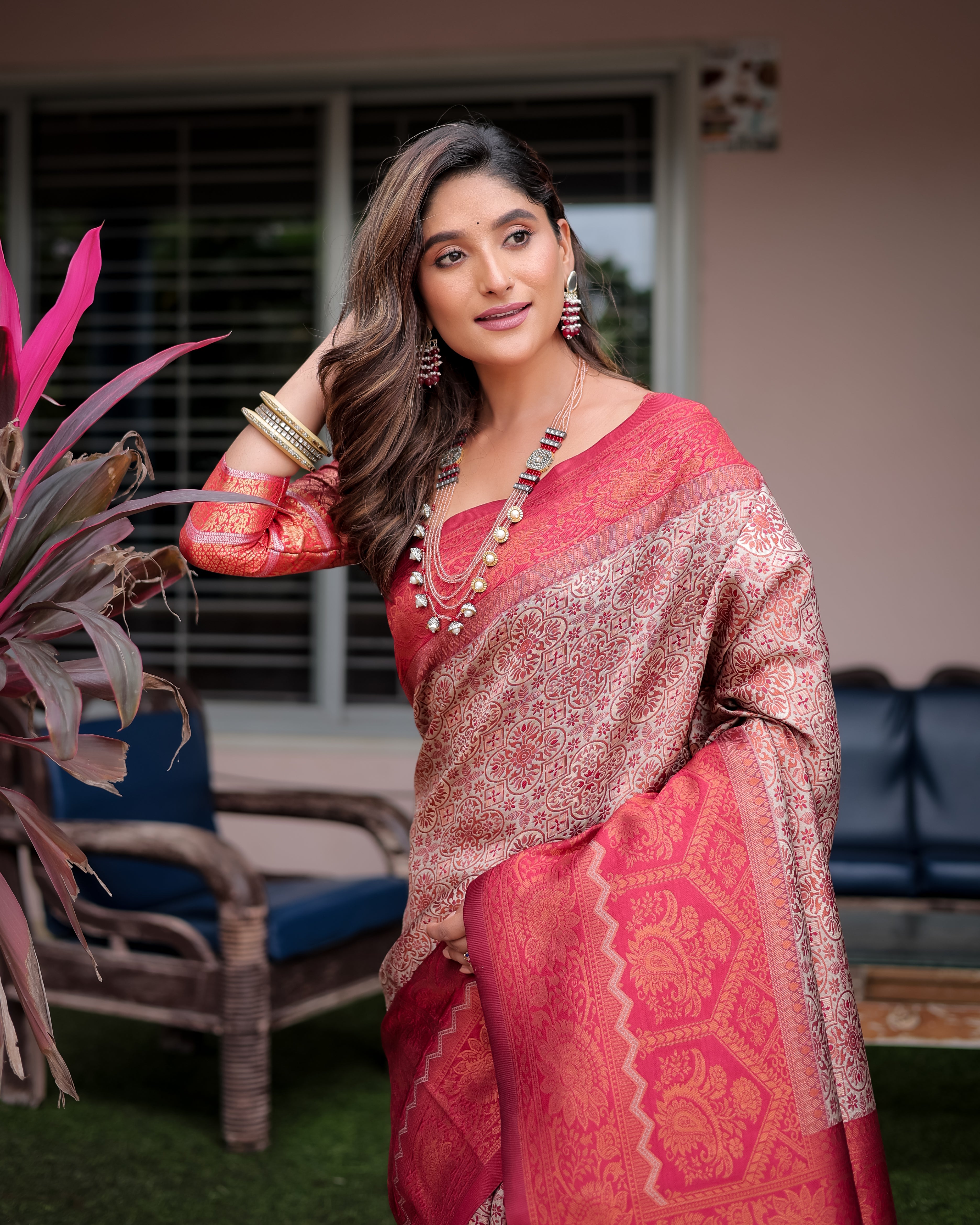 Cream Designer Tassels Premium Banarsi Silk Saree