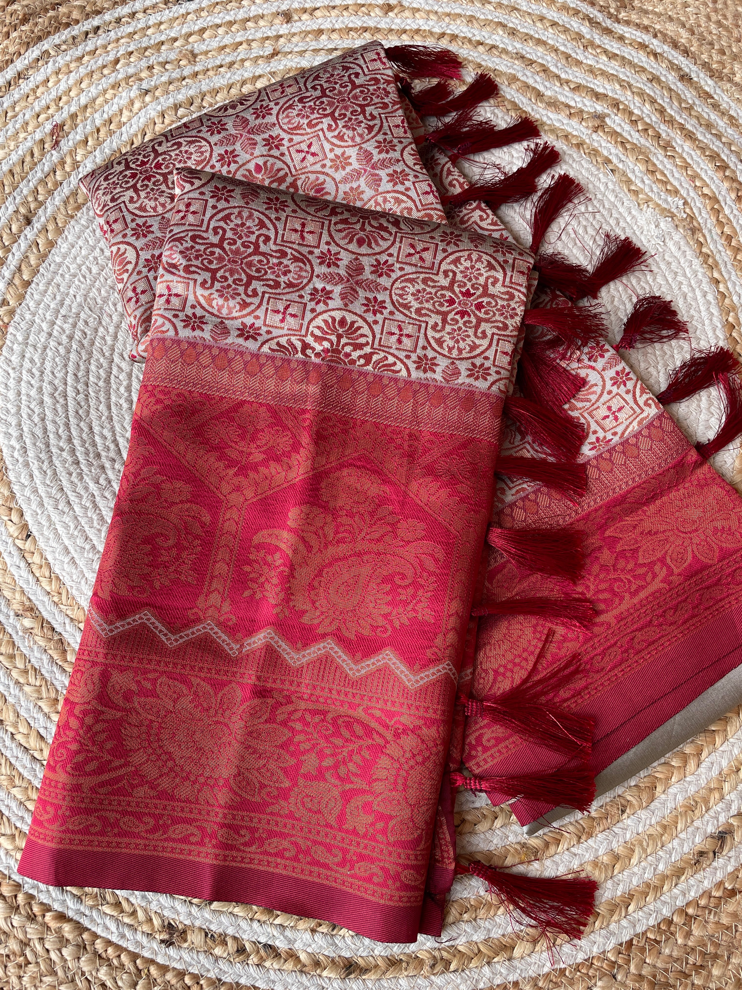 Cream Designer Tassels Premium Banarsi Silk Saree