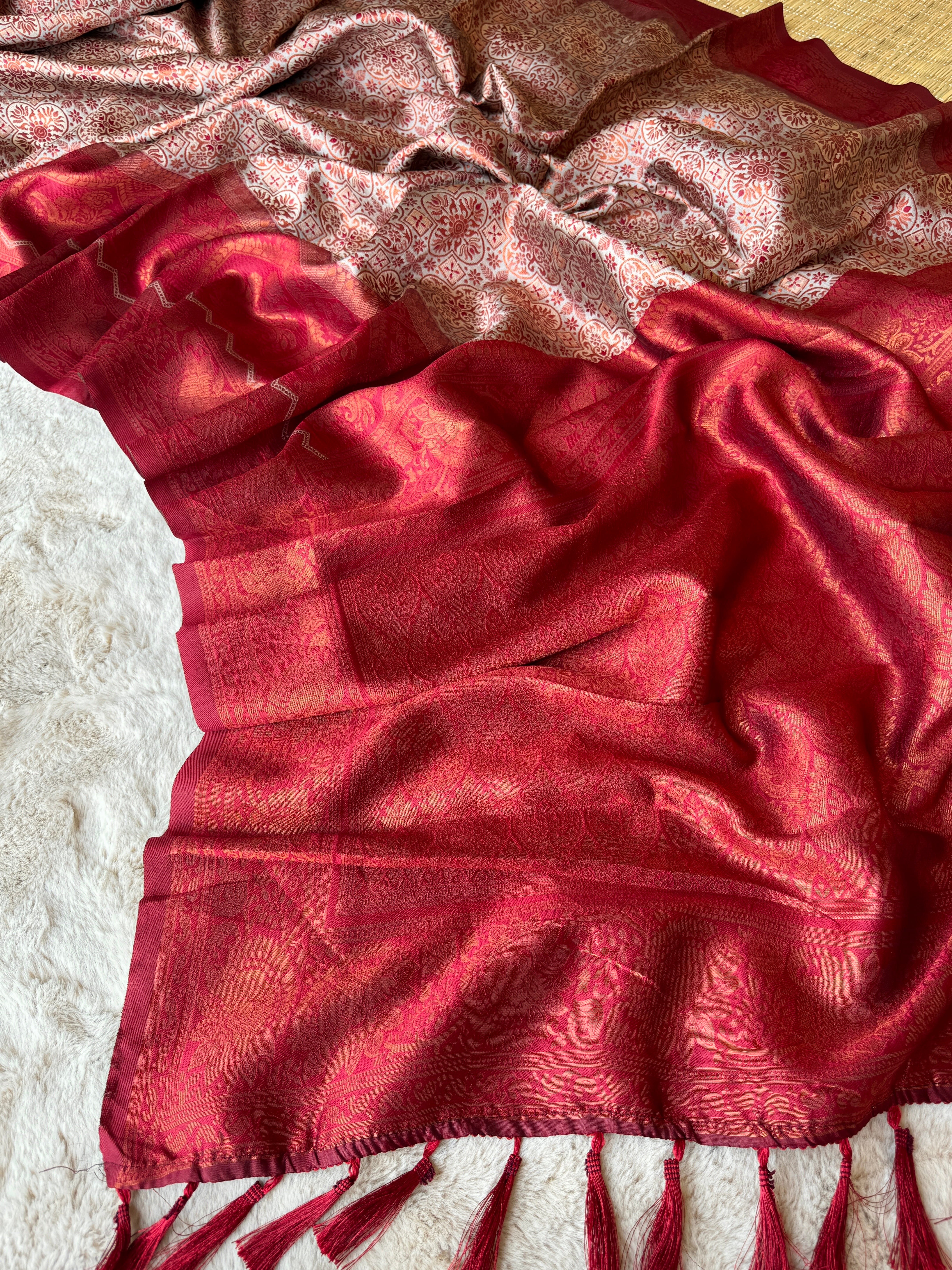 Cream Designer Tassels Premium Banarsi Silk Saree